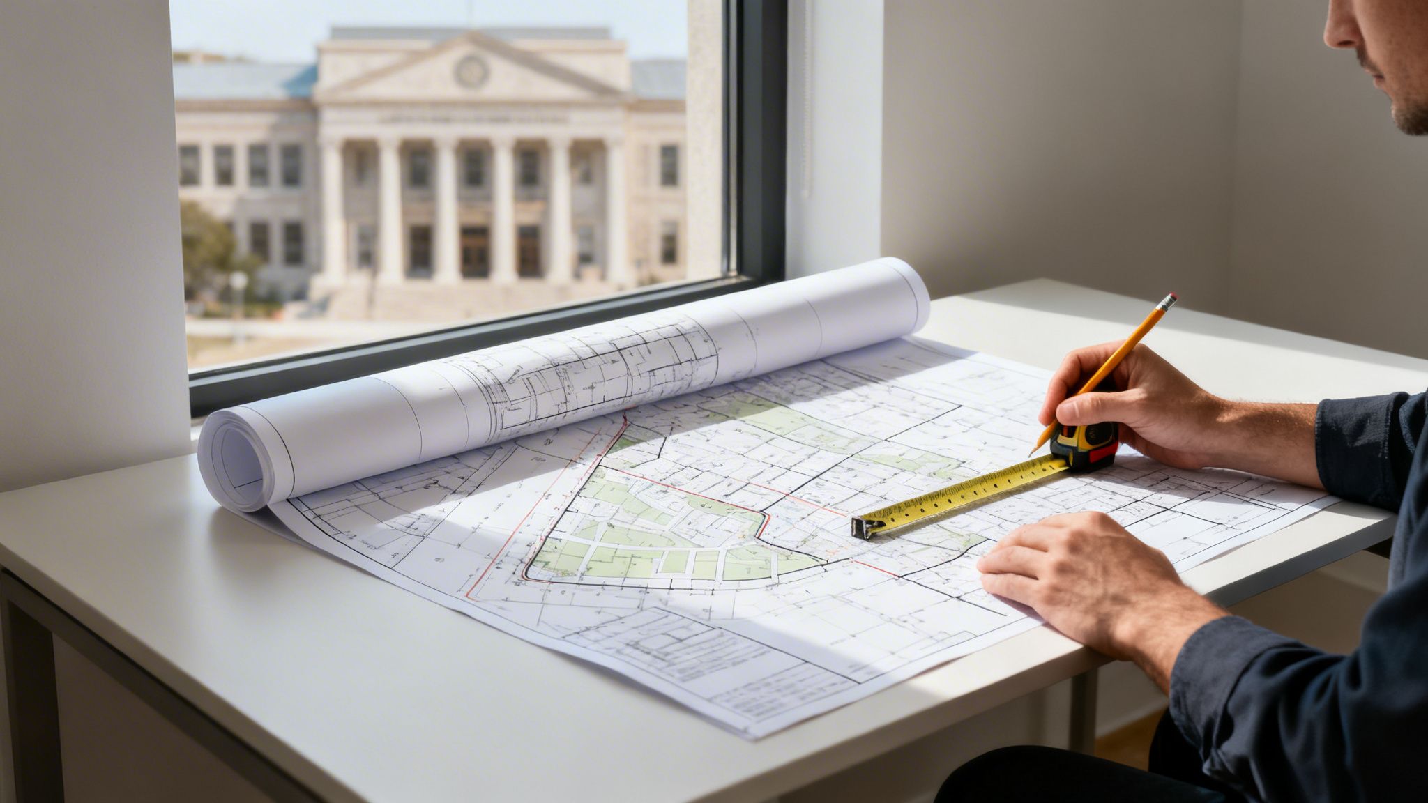 Person arbejder på arkitekttegninger med blyant og målebånd ved et vindue med udsigt til en bygning.