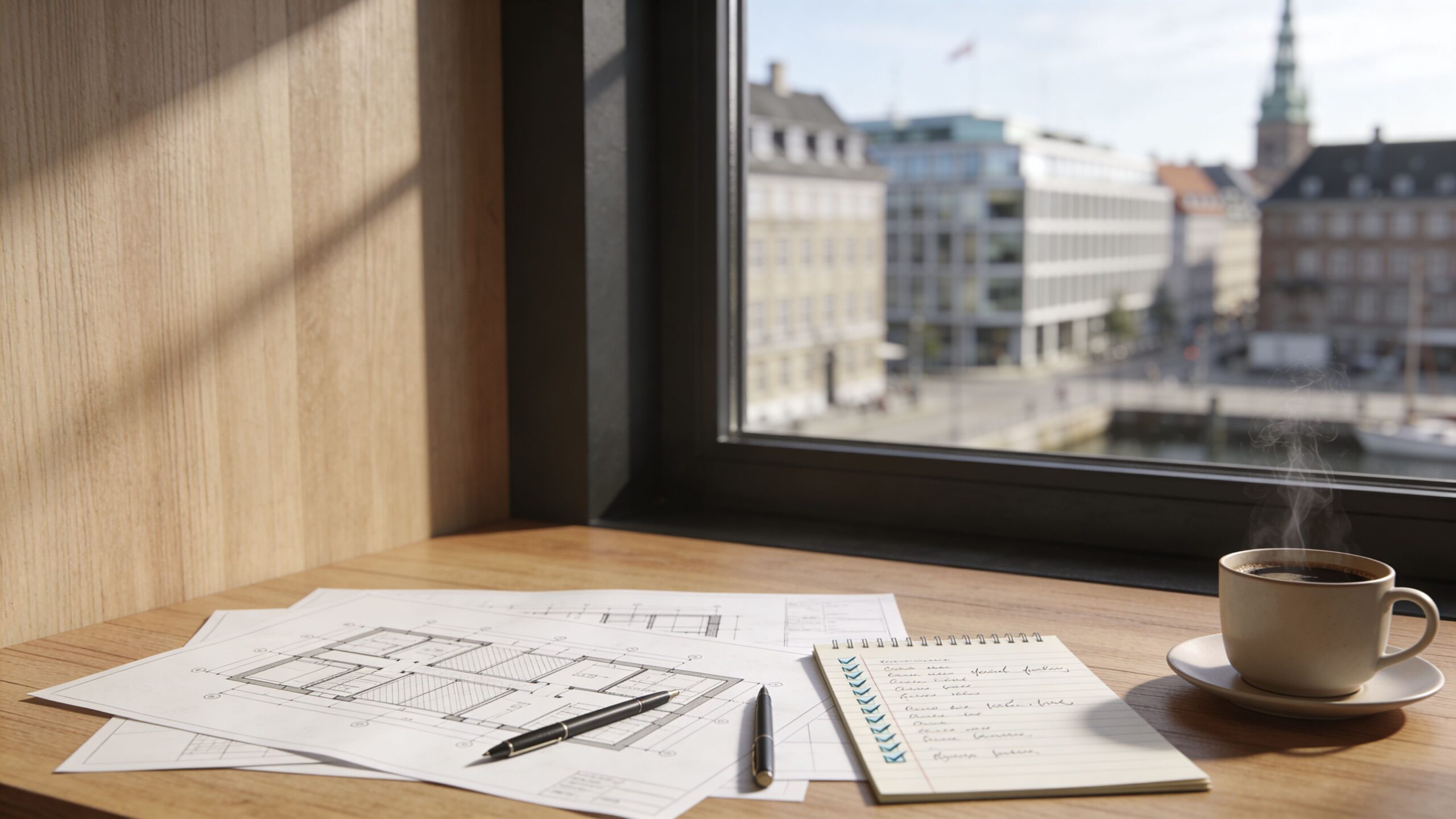 Arkitektens skrivebord med plantegninger, notesbog og en kop kaffe foran et vindue med udsigt over byen.