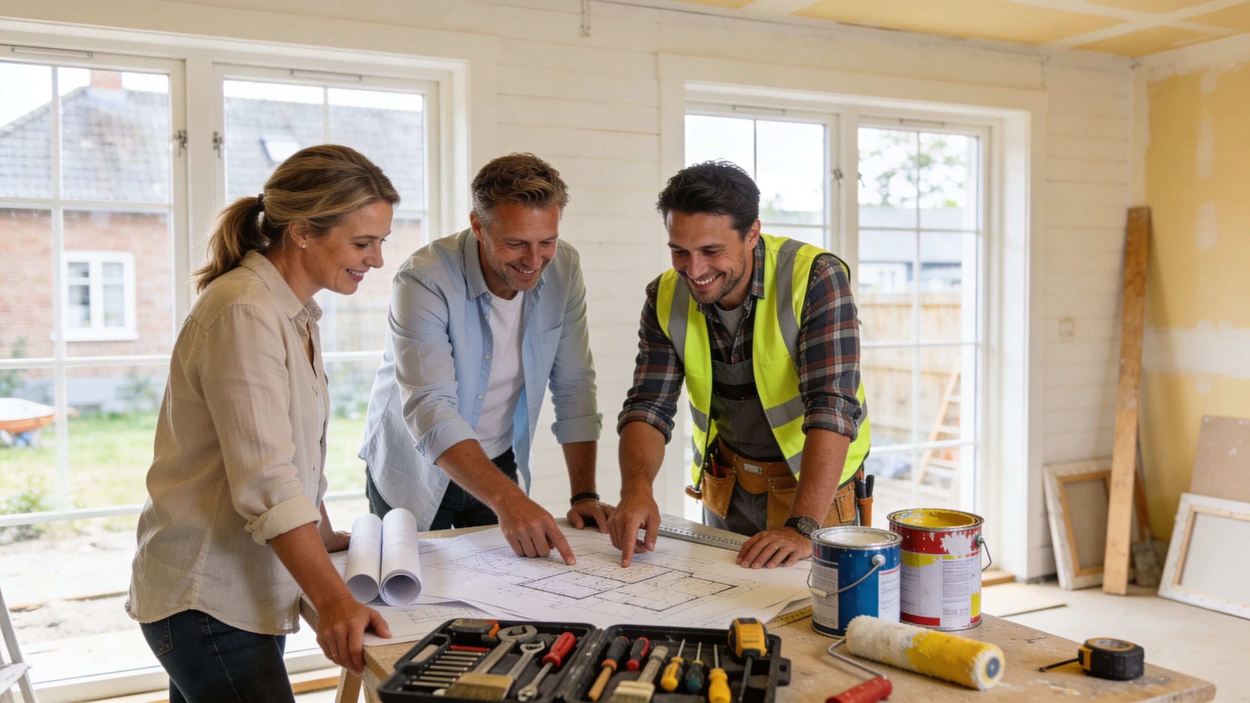 Et par gennemgår husets tegninger sammen med en arkitekt eller byggeleder i et hus under renovering.