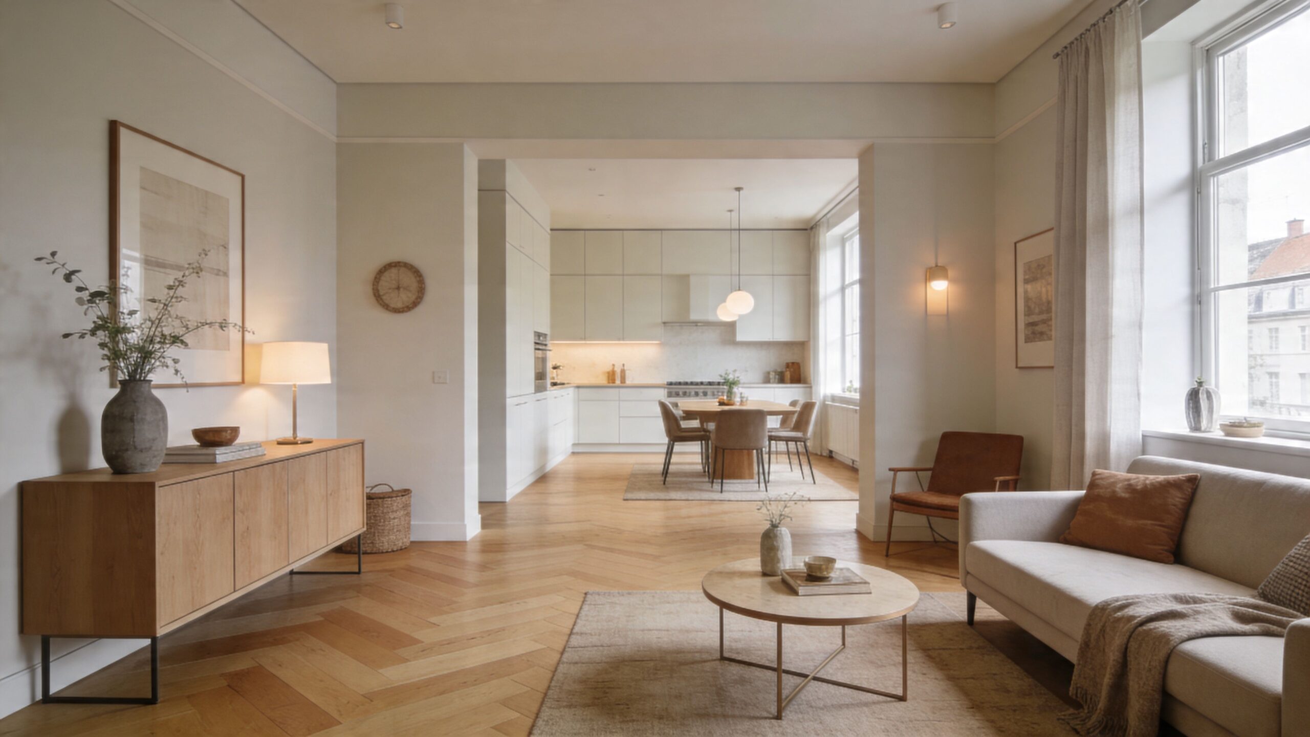 En lys og moderne stue med åben forbindelse til køkkenet, trægulv i sildebensmønster og elegant skandinavisk indretning.