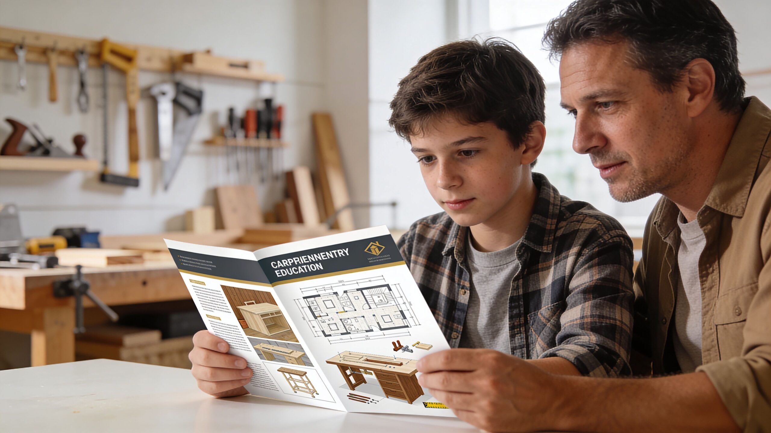 En far og hans søn læser i en brochure om tømreruddannelse på et værksted med træbearbejdningsværktøj.