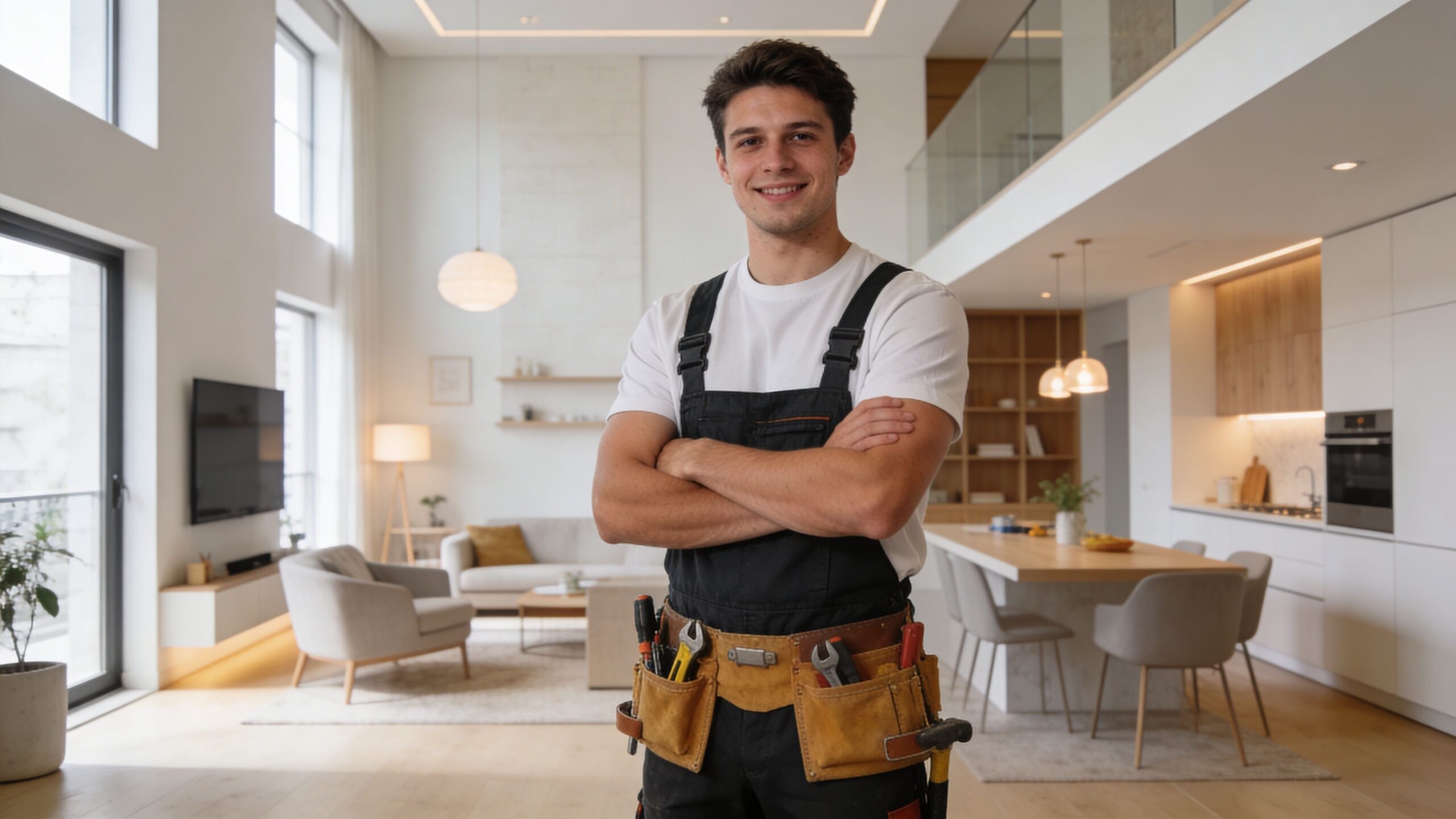 En smilende ung mandlig tømrer iført arbejdstøj og værktøjsbælte står i en moderne og lys stue.