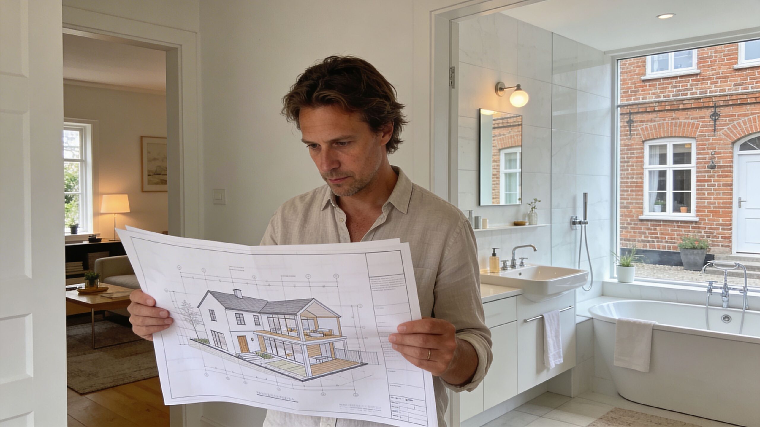 Arkitekt eller bygherre står i et badeværelse og kigger koncentreret på en arkitekttegning af et hus.