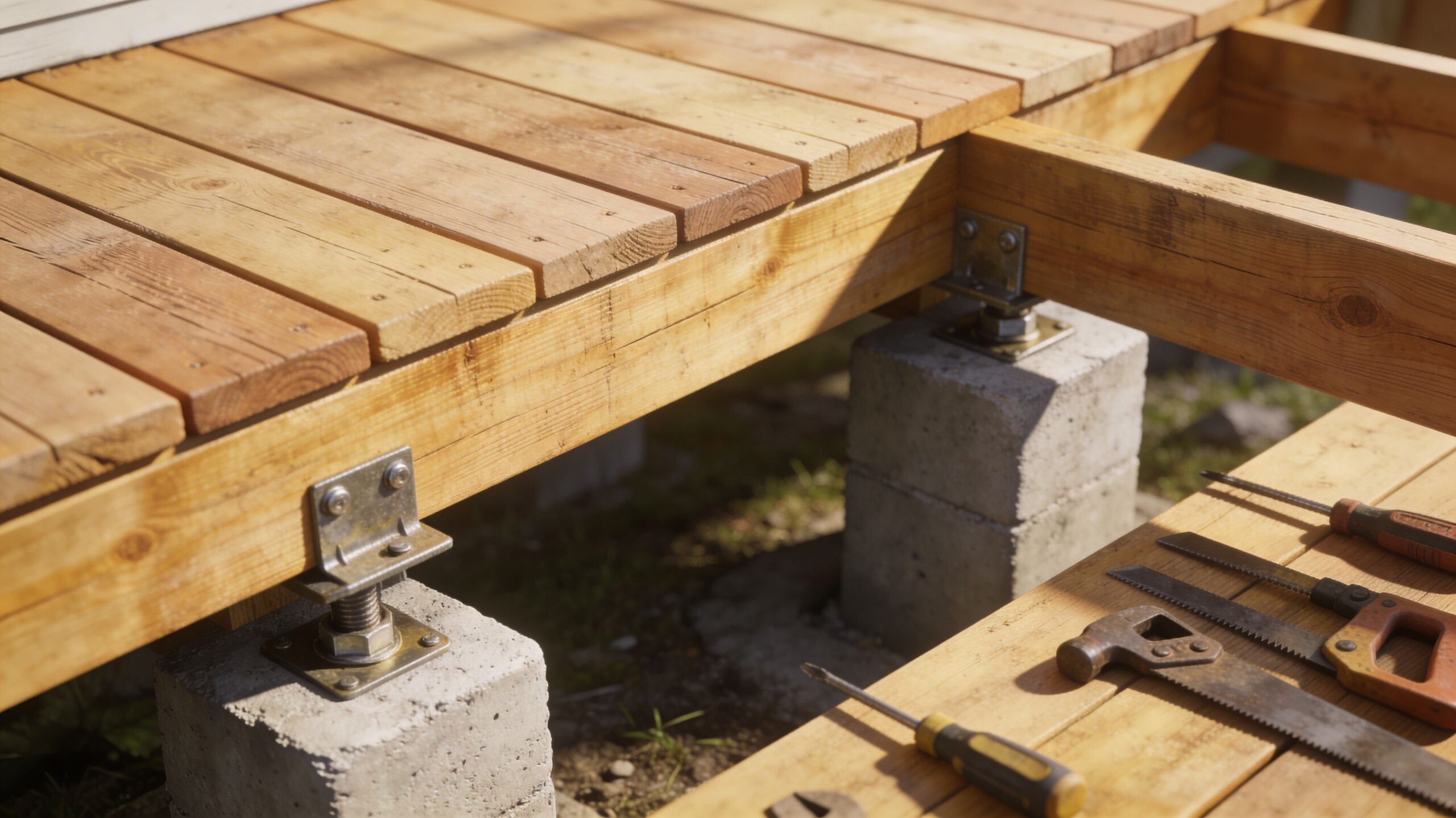 Nærbillede af en træterrasse under konstruktion med trykimprægneret træ, metalstøtter på betonklodser og værktøj liggende ved siden af.