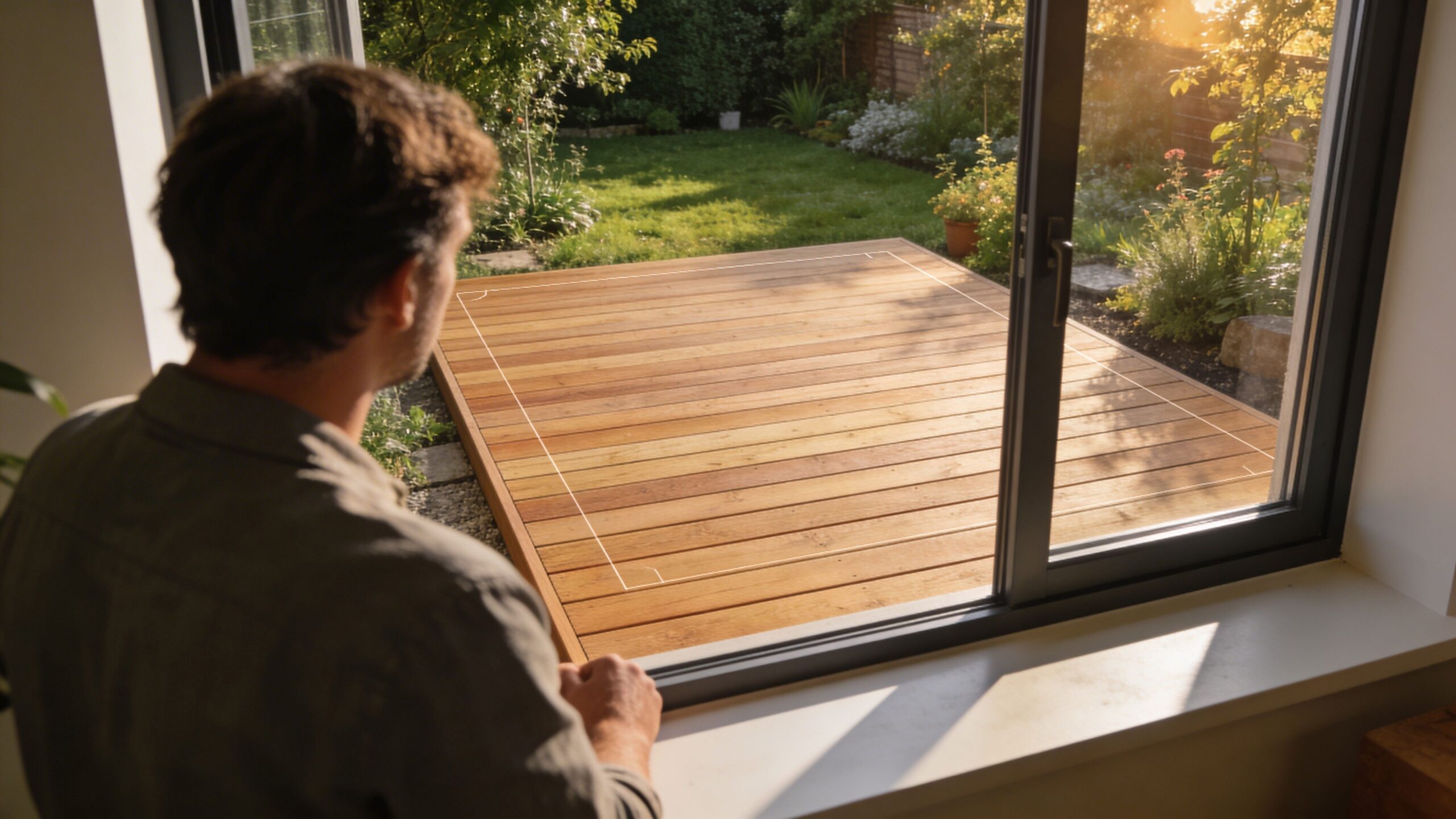 En mand ser ud på sin nye terrasse af trykimprægneret træ fra sin stue en solskinsdag.