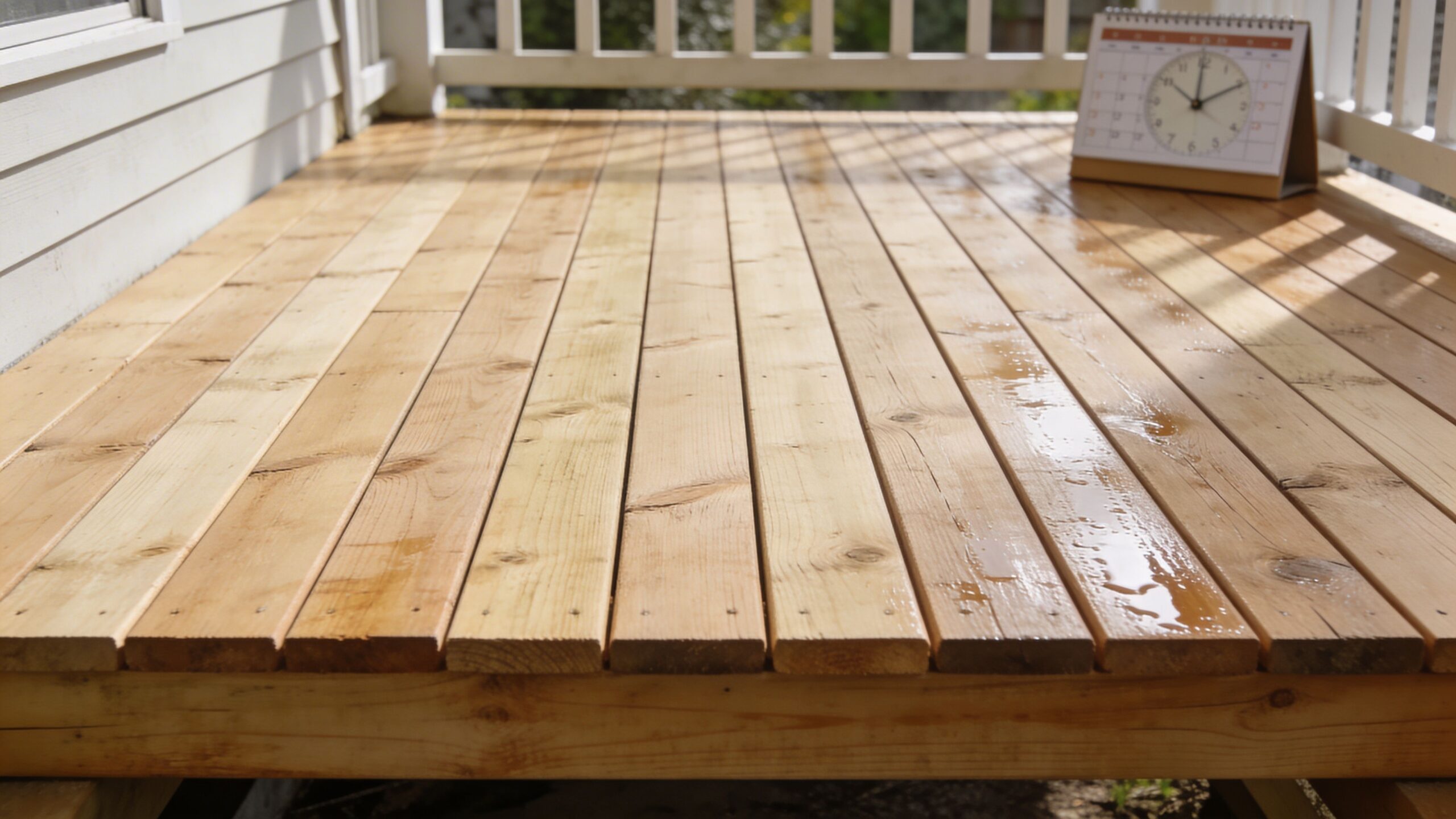 En nybygget terrasse af lyst, trykimprægneret træ med synlige årer og våde områder på overfladen.