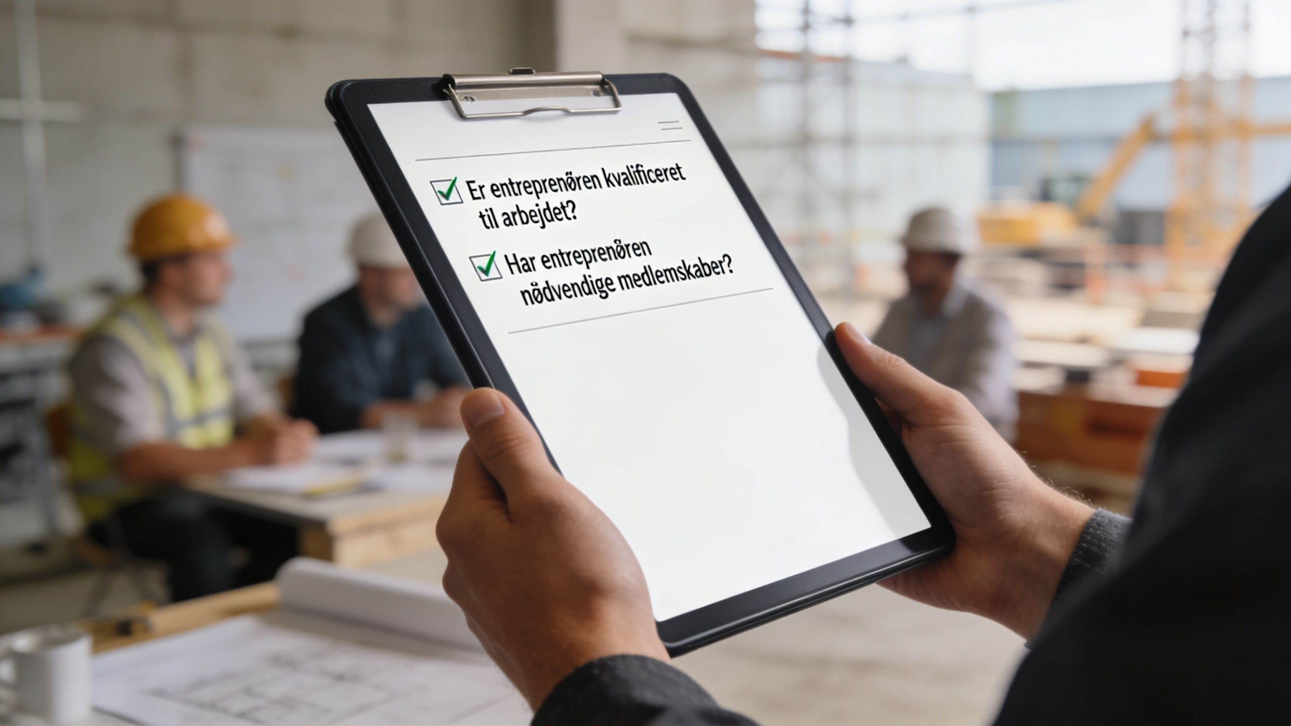 En person holder en clipboard med en tjekliste over vigtige spørgsmål vedrørende entreprenørvalg på en byggeplads.