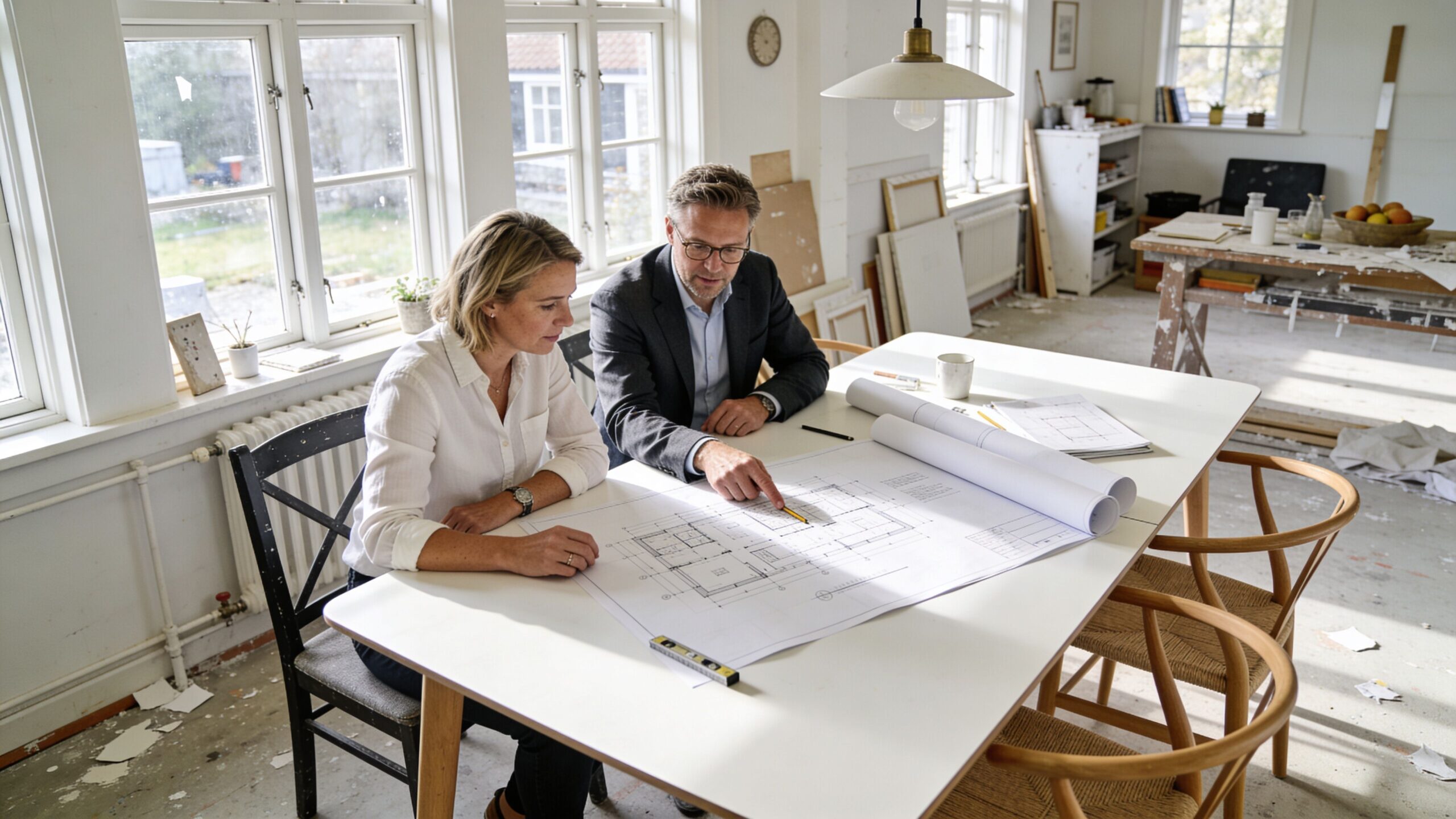 Arkitekt og kunde gennemgår detaljerede plantegninger for en husrenovering ved et stort hvidt bord i et værksted.