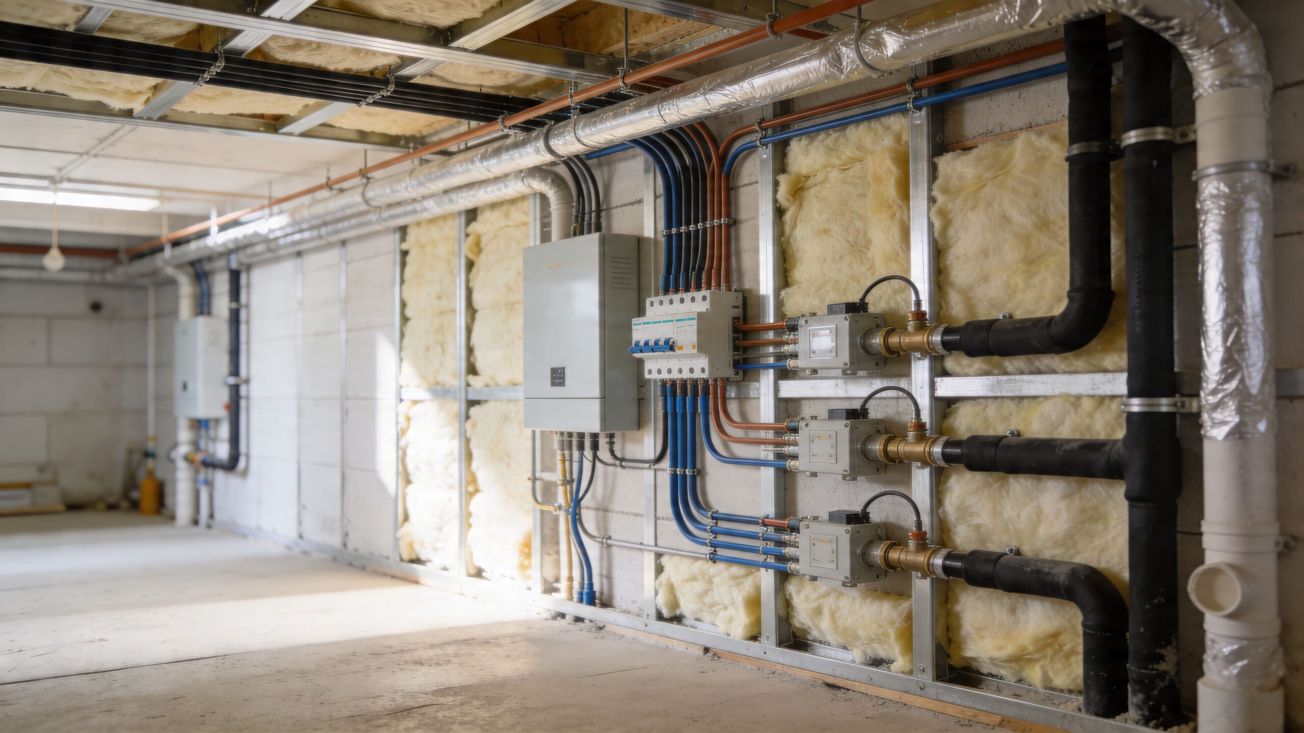 En uisoleret væg under renovering med synlige rørinstallationer, elkabler, isolering og tekniske styringsenheder i et moderne kælderrum.