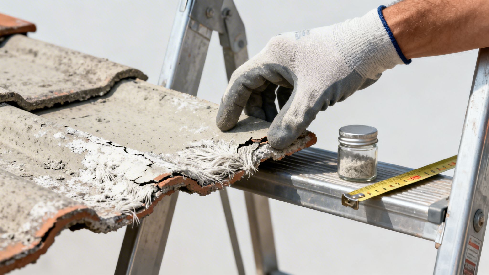 En person med handske undersøger en ødelagt tagsten, der muligvis indeholder asbestfibre, med en prøvebeholder.