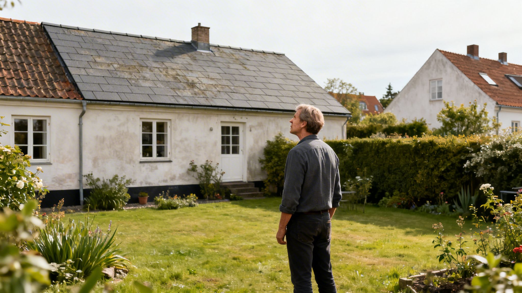 En mand står i en frodig have og kigger op på et hus med både tegltag og skifertag.