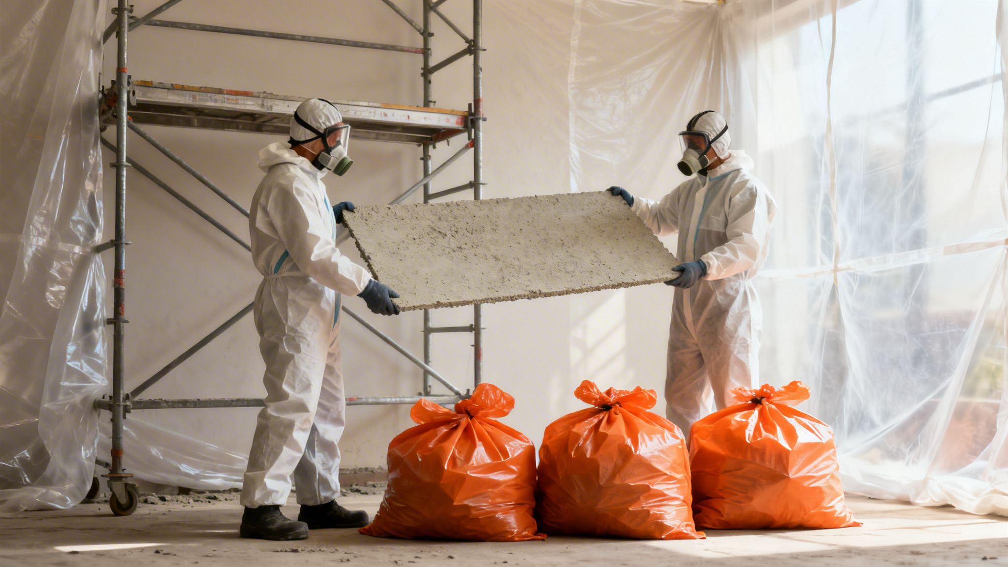 To arbejdere i hvide beskyttelsesdragter og masker fjerner en plade, sandsynligvis asbest, ved en indendørs renovering.