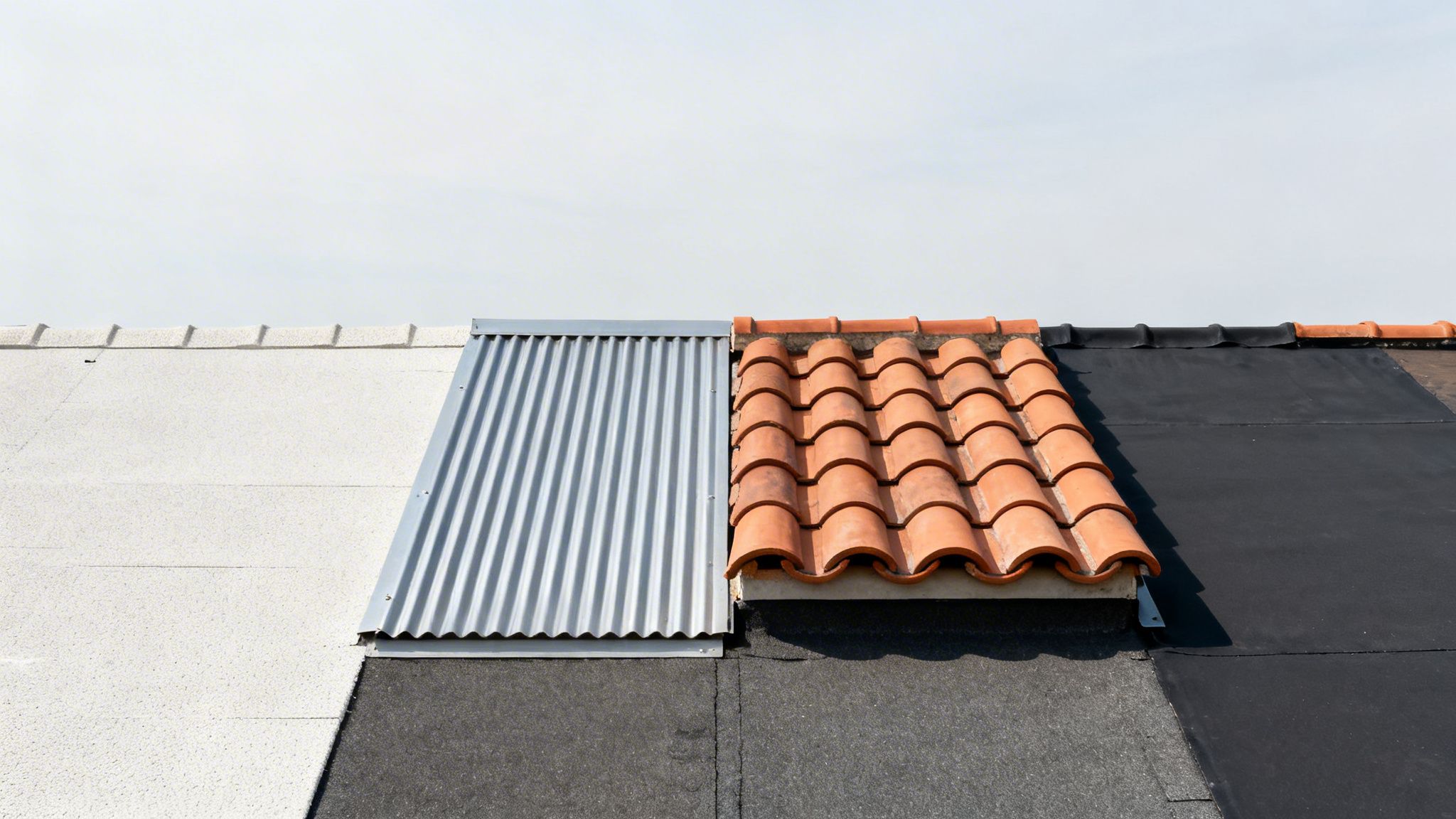 Et tag med forskellige tagmaterialer, herunder hvidt fladt tag, bølgeblik, teglsten og sort tagpap.