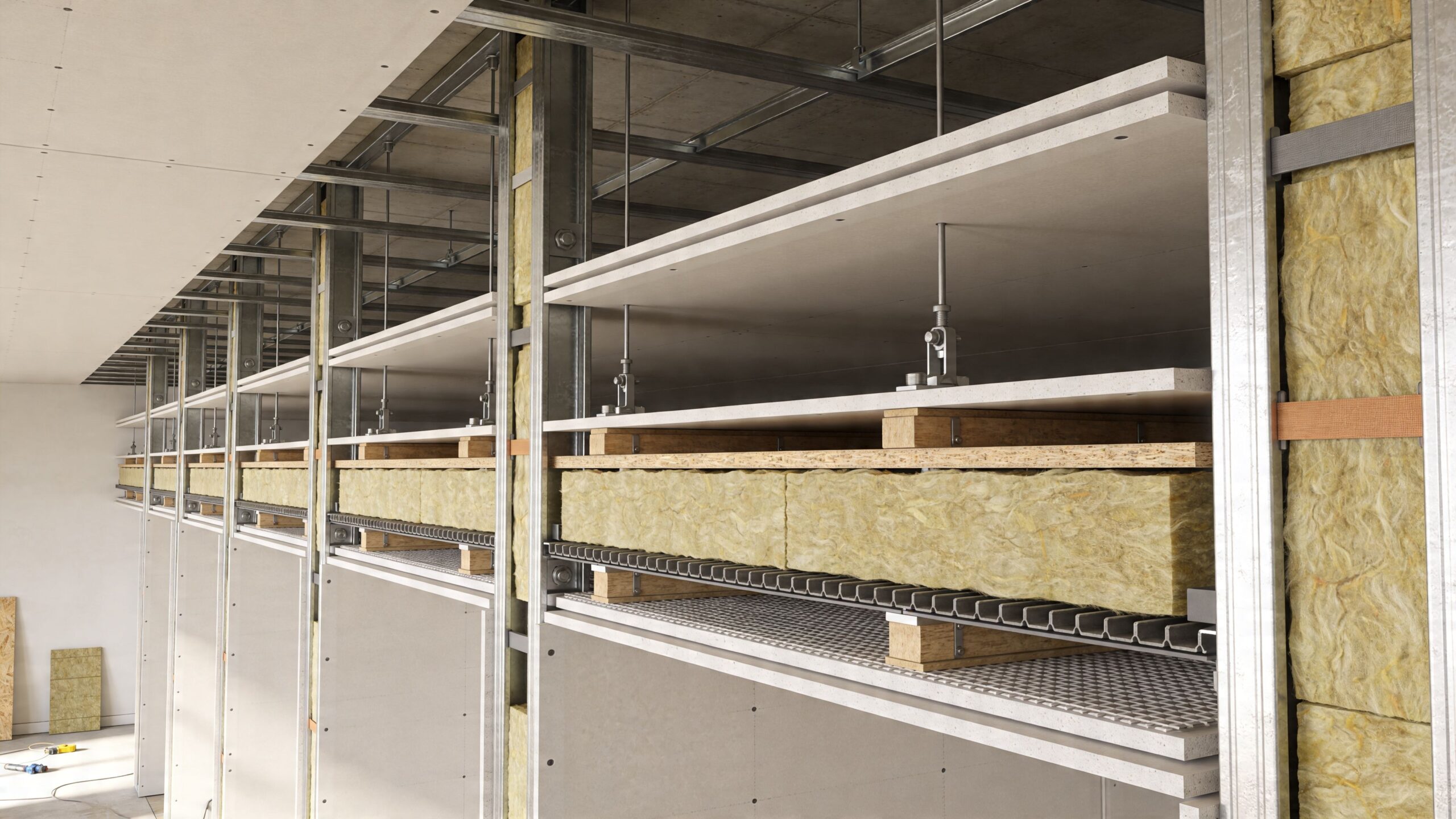 Detaljeret konstruktion af et lydisoleret loft med mineraluld, metalprofiler og gipsplader i en moderne bolig.