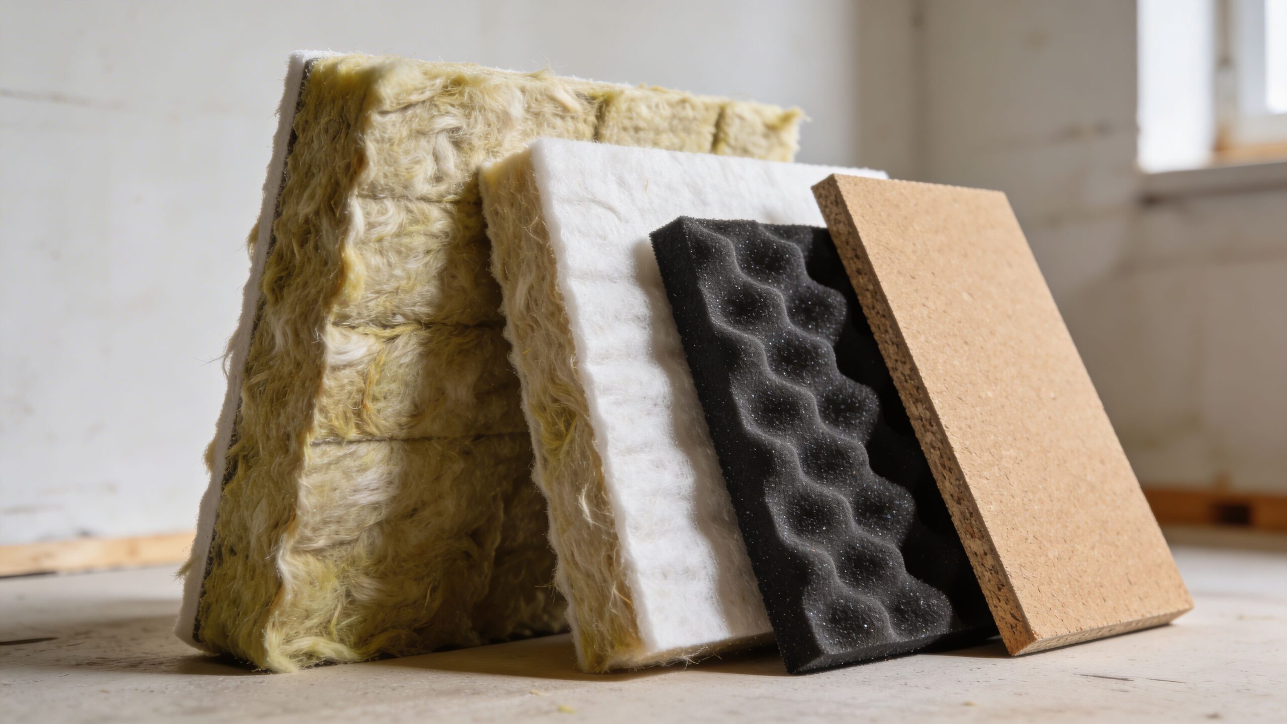 Forskellige materialer til lydisolering af gulv, herunder mineraluld, hvid isoleringsplade, skum og en træfiberplade på et trægulv.