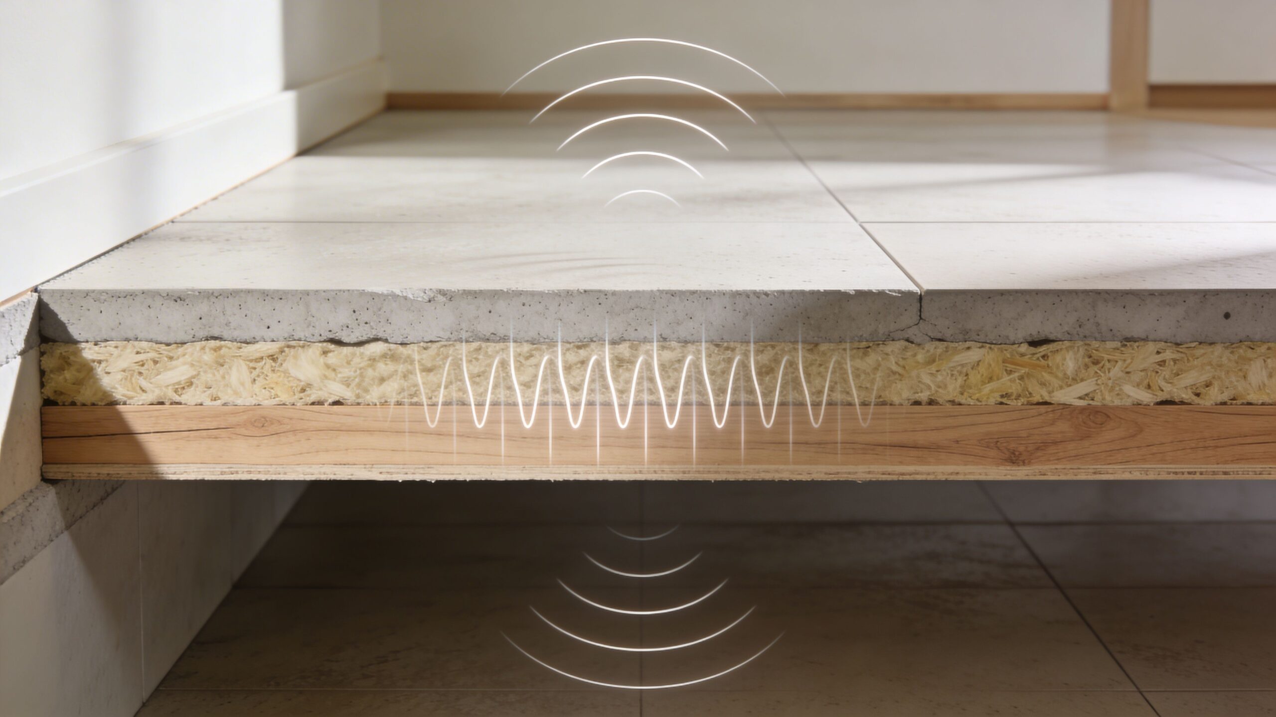 En tværsnitvisning af et gulvopbygning med isoleringsmaterialer, der illustrerer effektiv lydisolering mellem etageadskillelser i et moderne hjem.