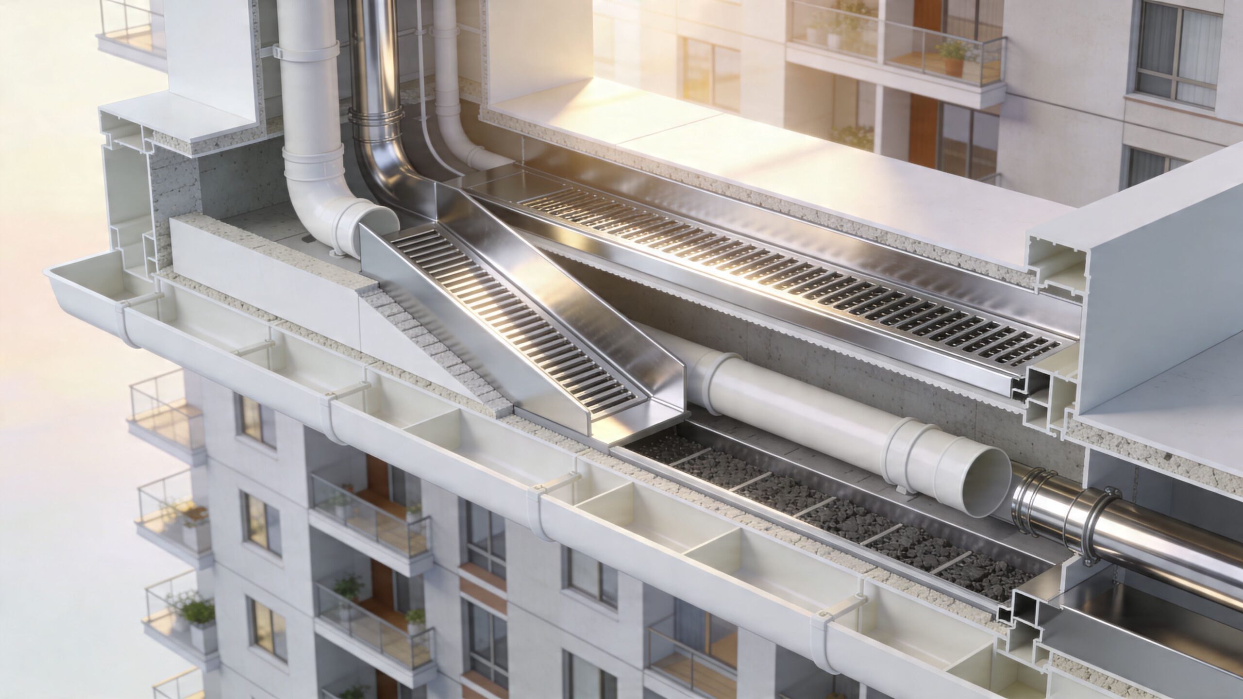Tværsnit af moderne etagebyggeri der viser installation af afløbssystemer, faldstammer og ventilationskanaler indlejret i bygningskonstruktionen.