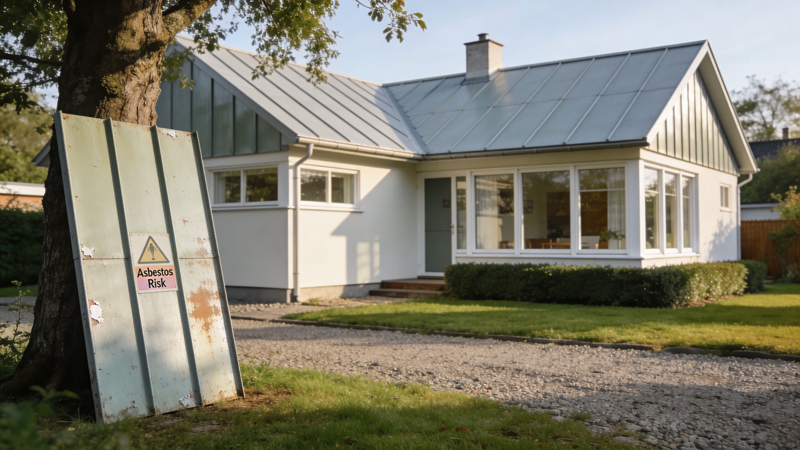 Et skilt med advarsel om asbestrisiko foran et moderne hus med et tag af eternitplader.