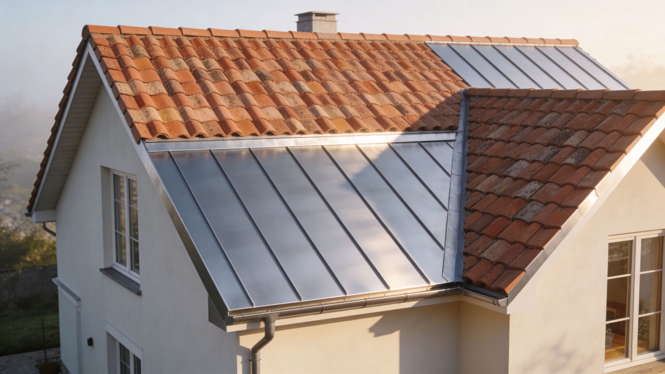 Et hus med en kombination af traditionelle tegltage og moderne metaltage i et stilfuldt boligbyggeri.