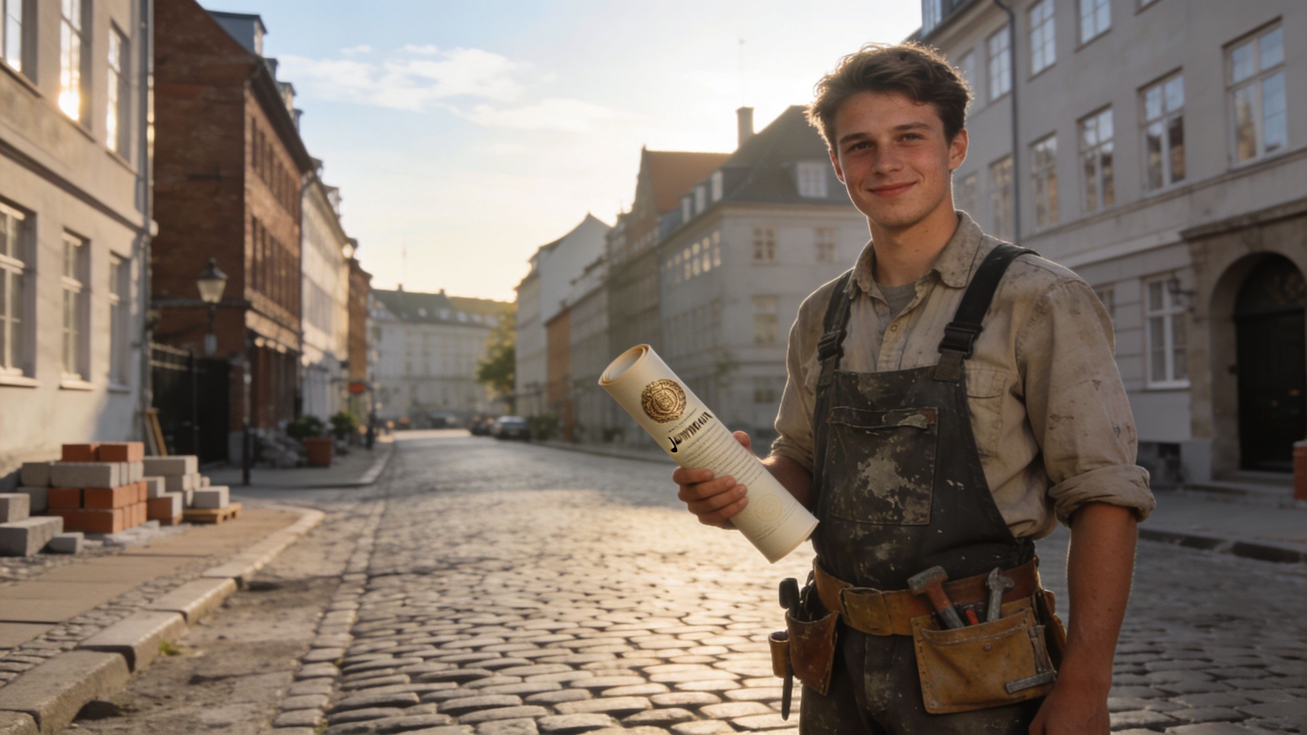 En ung dansk murer i arbejdstøj holder en byggeplan i hånden på en historisk brostensbelagt gade i København.