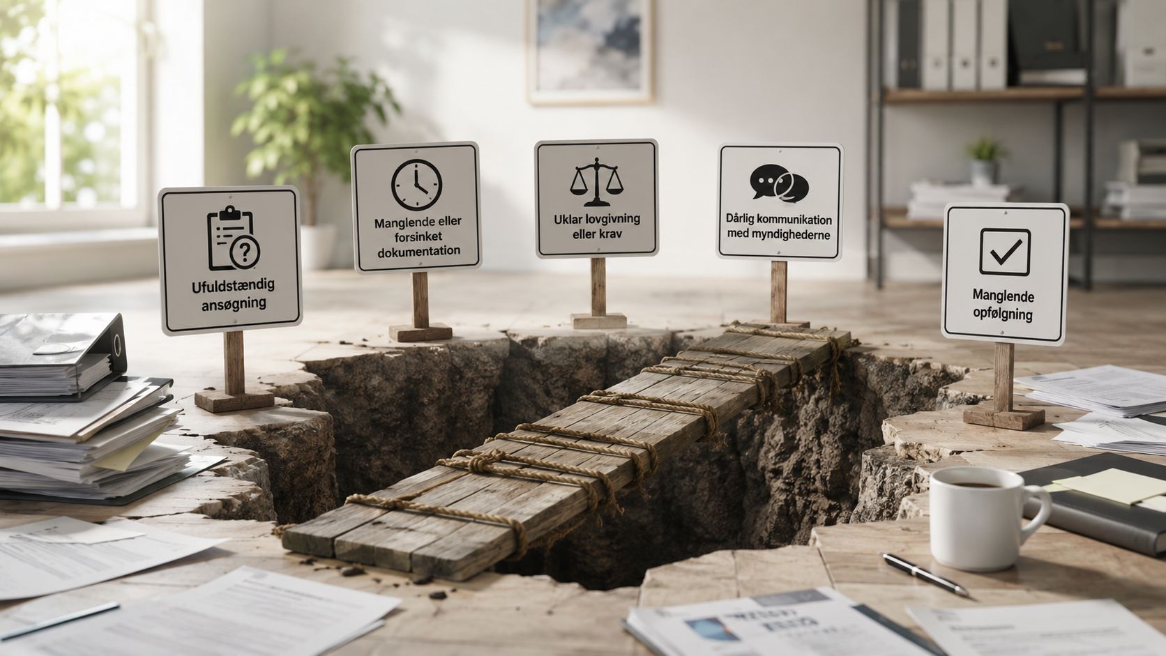 Konceptuel illustration af bureaukratiske udfordringer og barrierer ved ansøgning om byggetilladelser med skilte der angiver typiske forsinkelser.