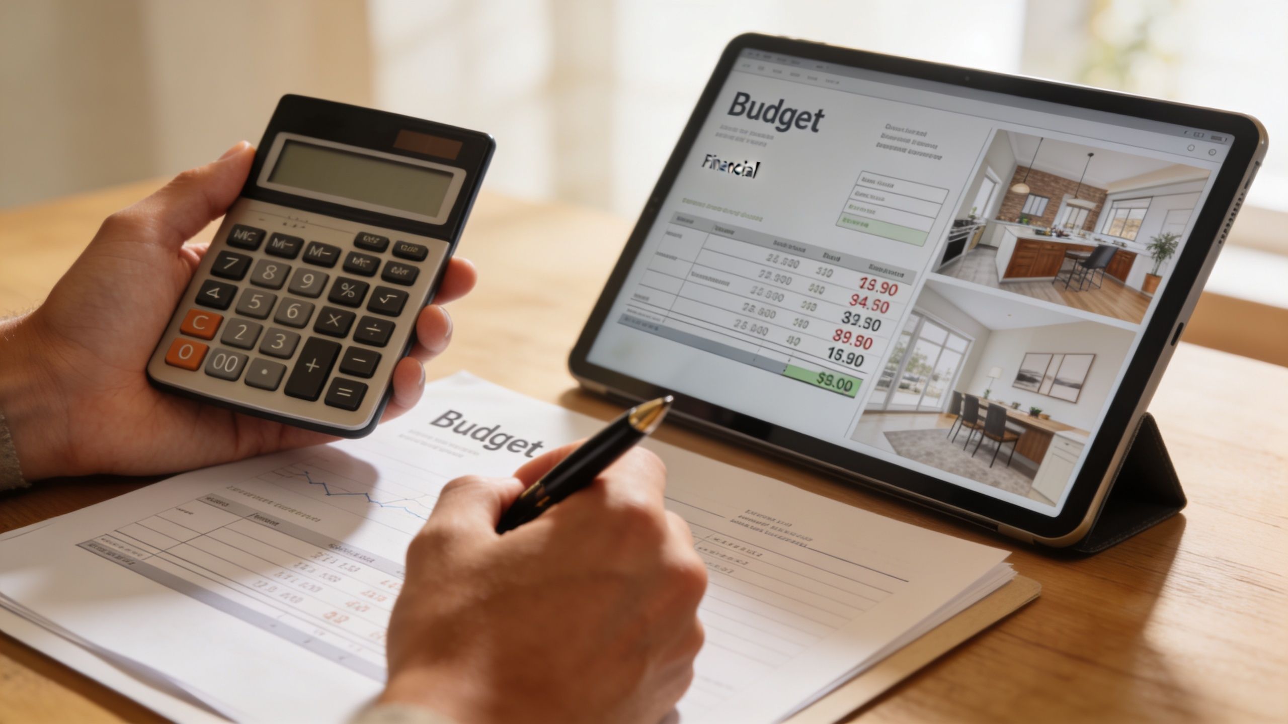 En person sidder ved et bord og planlægger et budget med en lommeregner og en tablet.