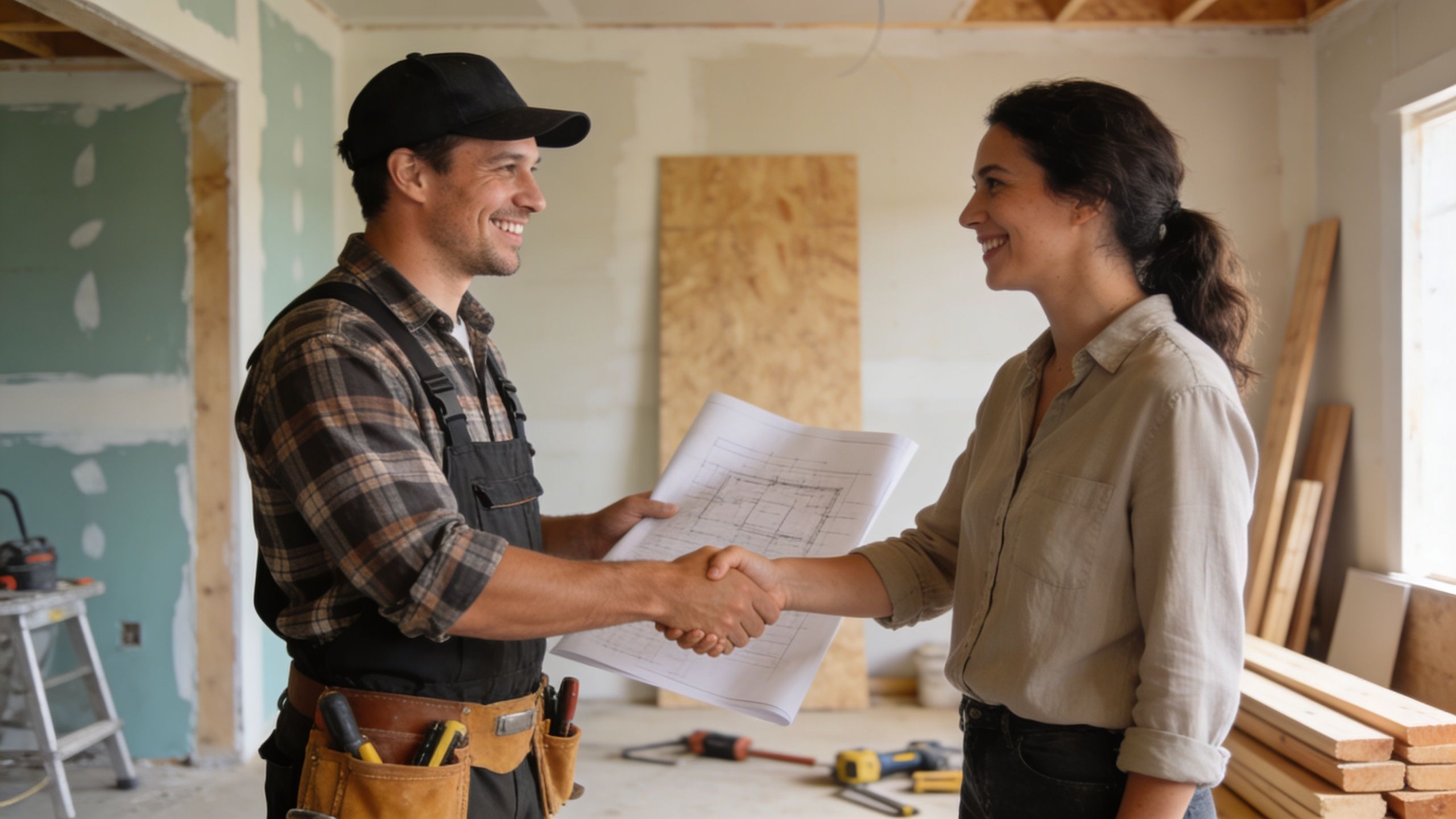 En glad tømrer giver hånd til en kunde i et hus under renovering med byggetegninger i hånden.