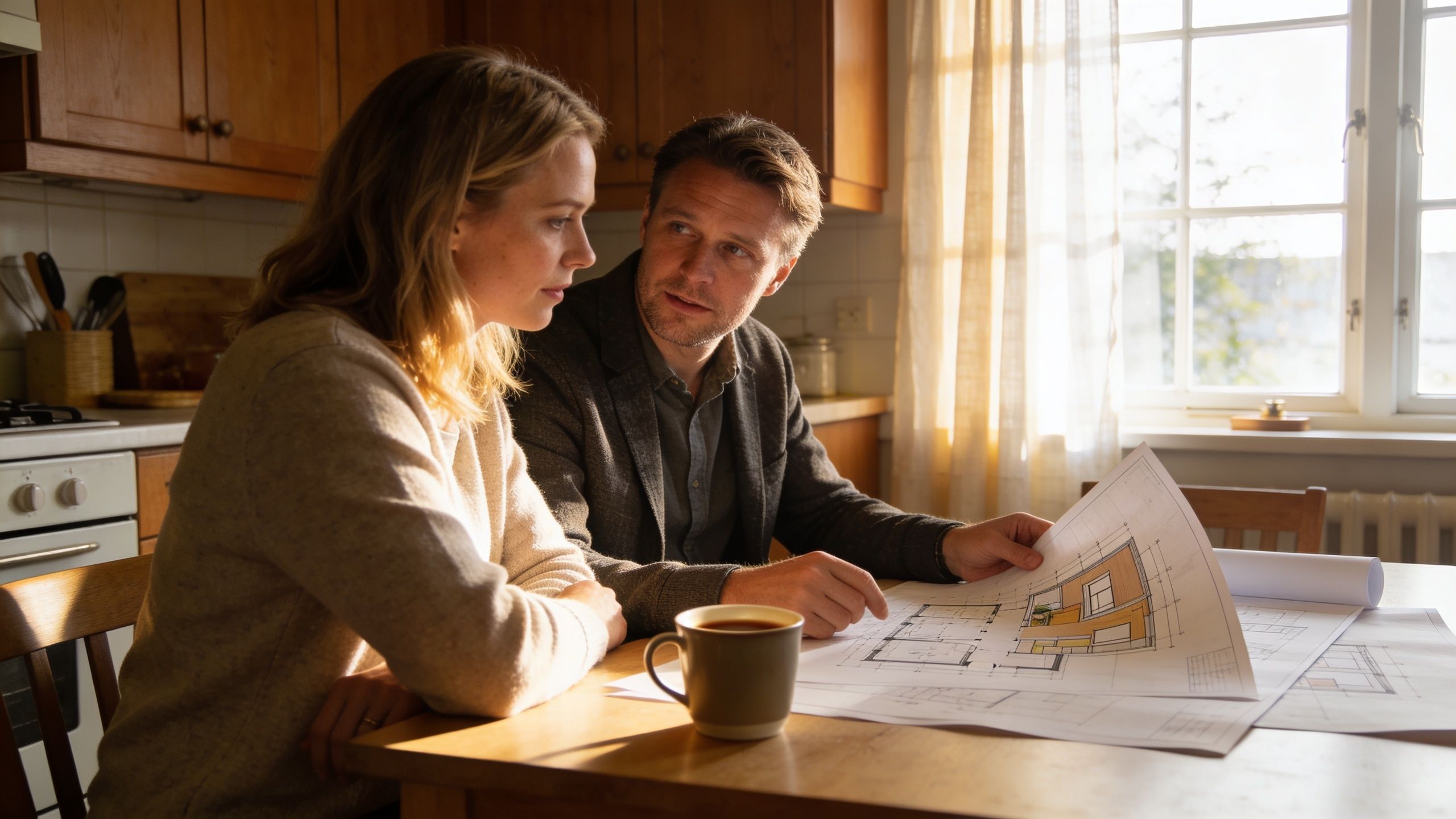 Et par sidder ved et køkkenbord og gennemgår plantegninger til deres kommende boligprojekt med stor opmærksomhed.