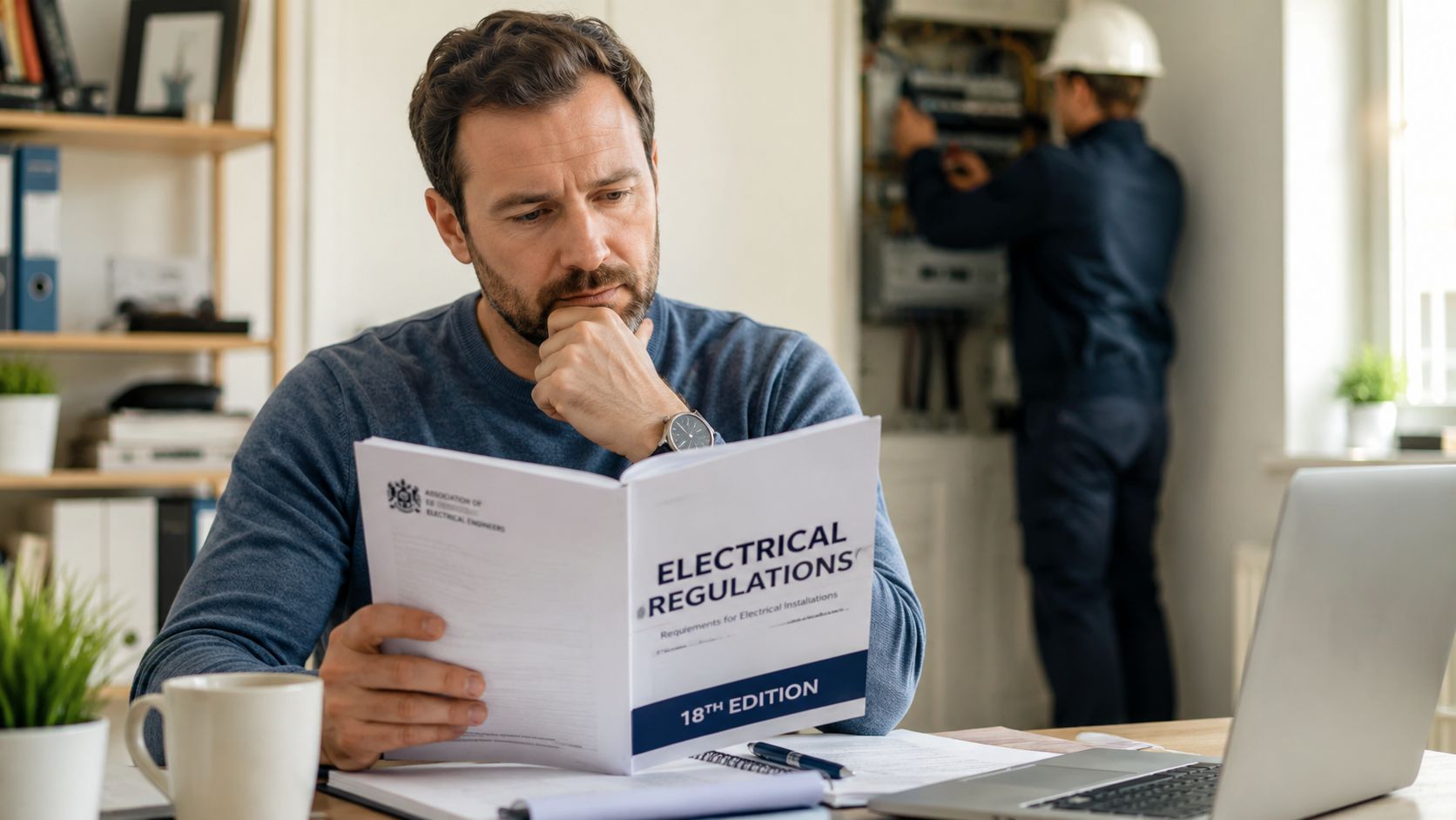 En elektriker studerer de elektriske regulativer i en manual, mens en kollega arbejder i baggrunden.