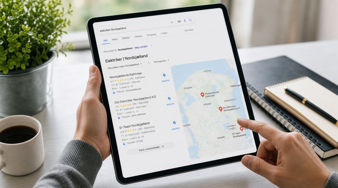 En person bruger en tablet til at søge efter en elektriker i Nordsjælland via Google søgeresultater.