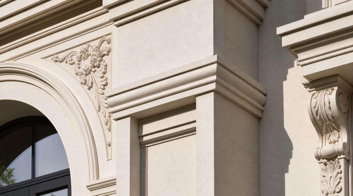 Detaljeret nærbillede af en klassisk bygningsfacade med dekorative stenudskæringer og arkitektoniske elementer i en lys beige farve.