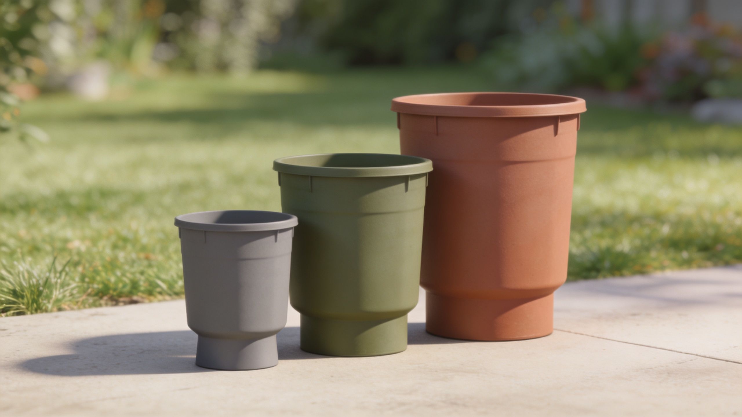 Tre forskellige størrelser af urtepotter i plast i farverne grå, olivengrøn og terracotta på en flisebelagt terrasse.