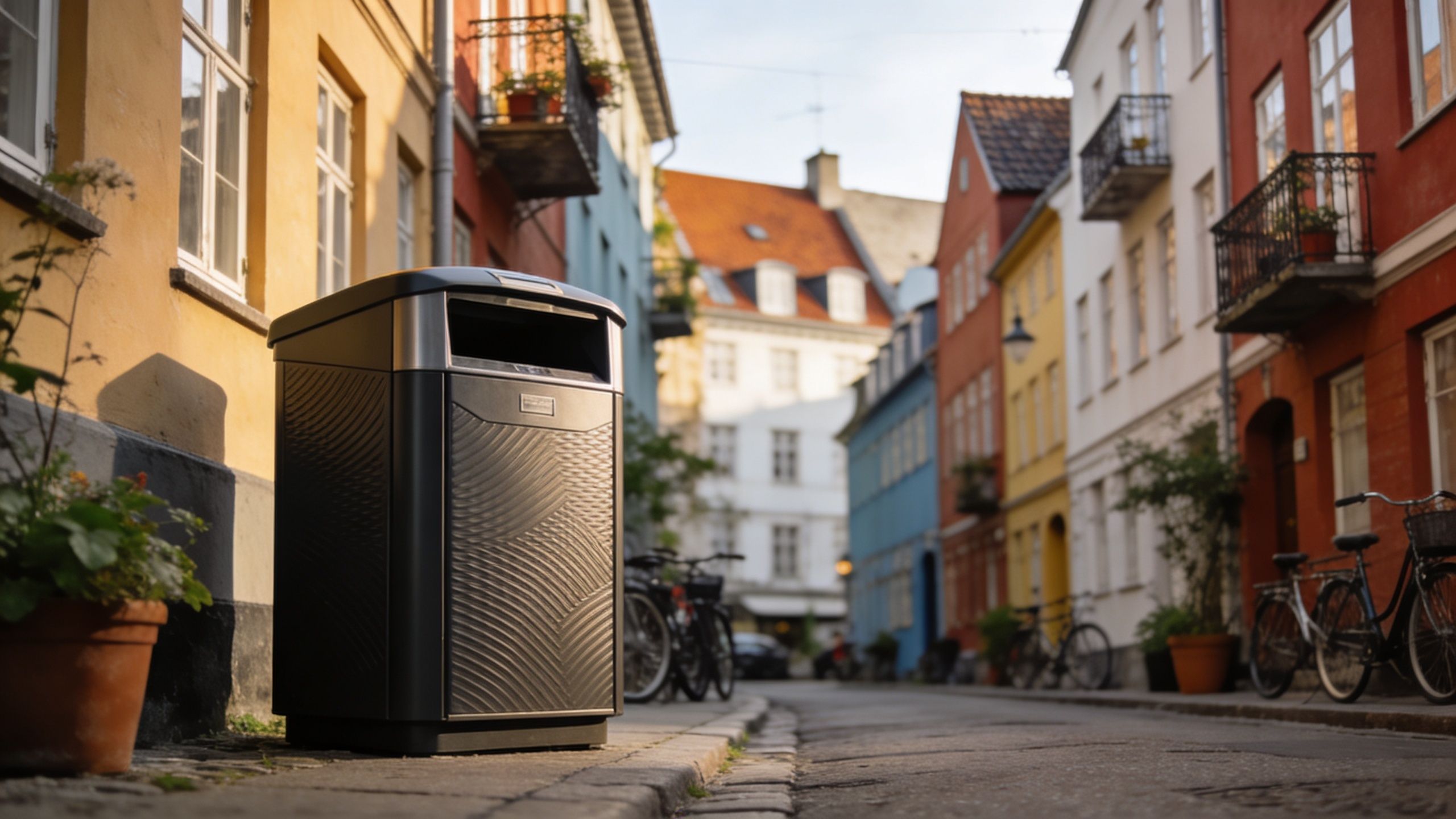 En moderne mørk skraldespand står på en hyggelig gade i København med farverige huse i baggrunden.