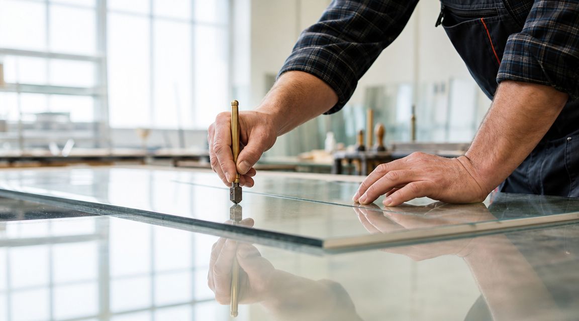 En glarmester skærer præcist i et stykke glas med en professionel glasskærer på et værksted.