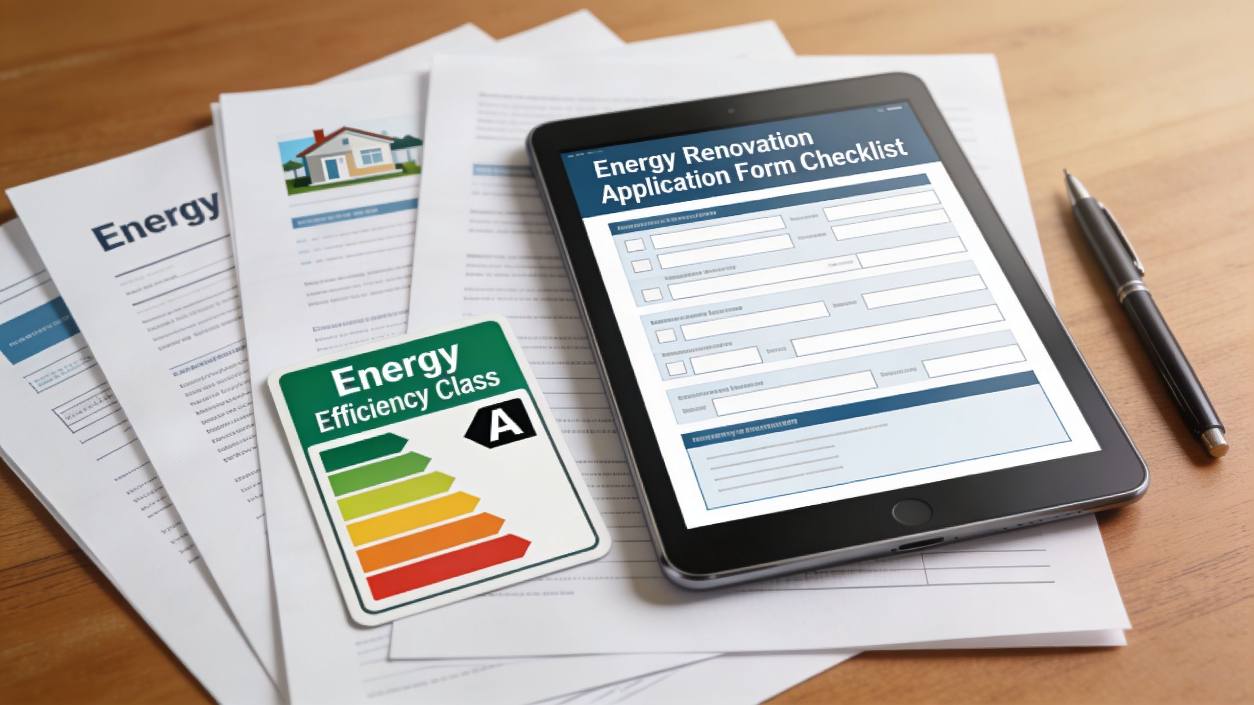 En tablet med en energirenoverings-tjekliste, et energimærke A-skilt og dokumenter på et træbord.