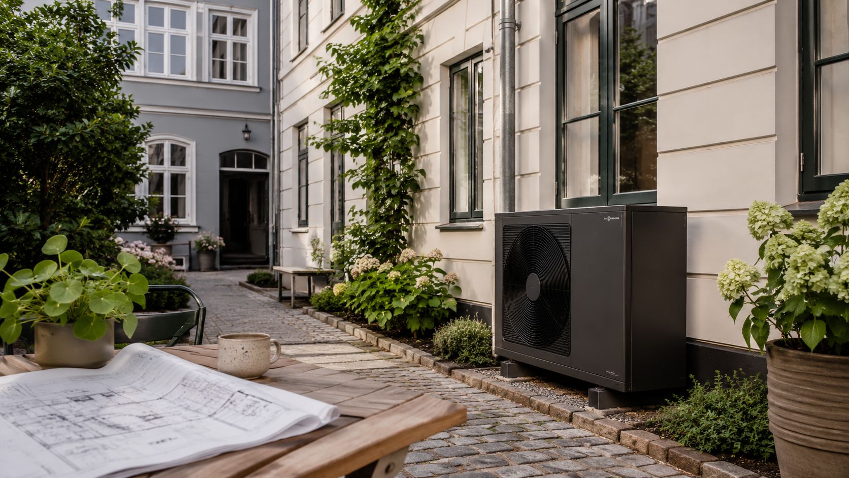 En moderne luft-til-vand varmepumpe installeret i en hyggelig gårdhave foran et hvidt byhus i Danmark.