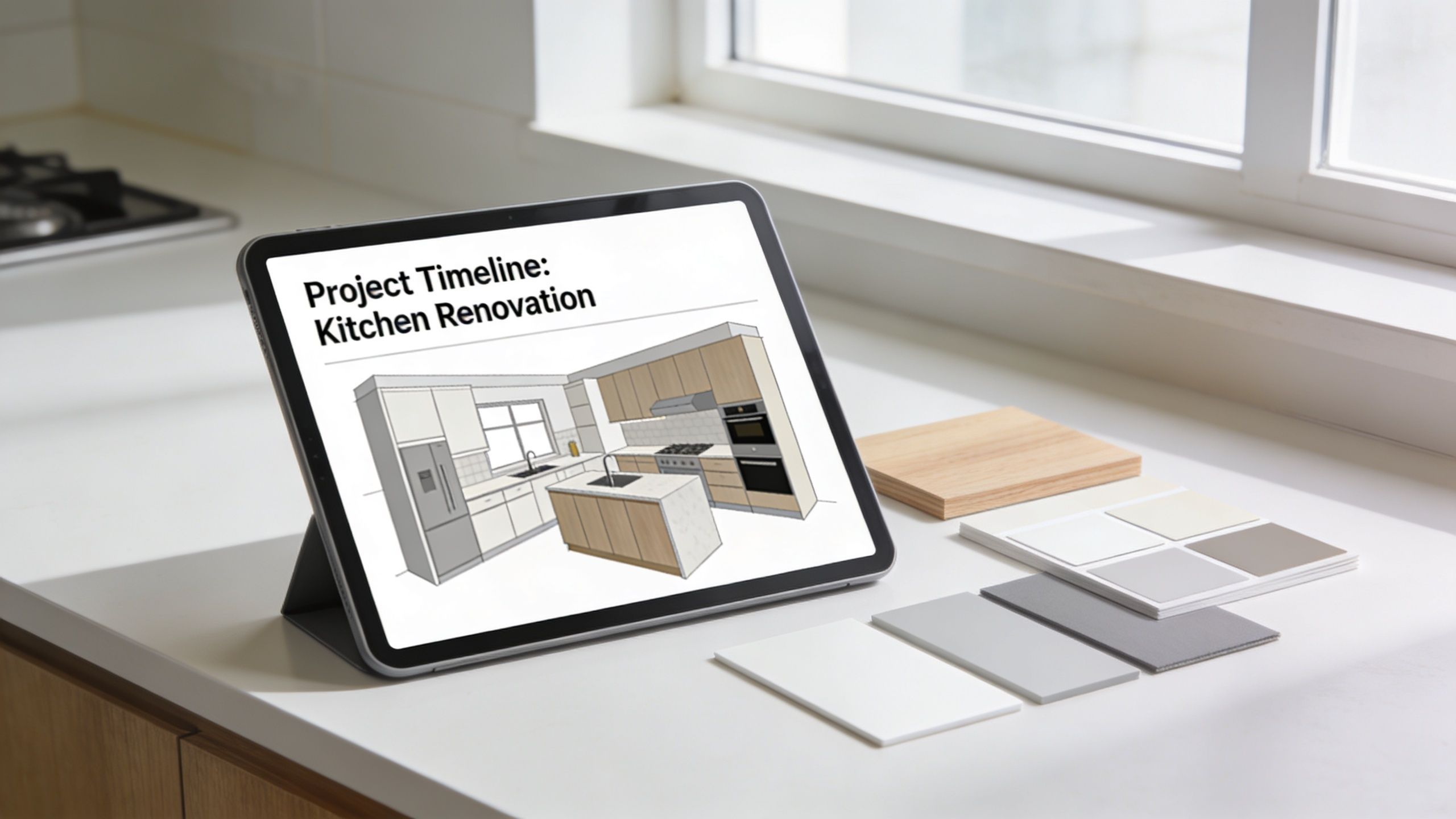 En tablet viser en skitse af en køkkenrenovering sammen med farveprøver og materialer på en bordplade.