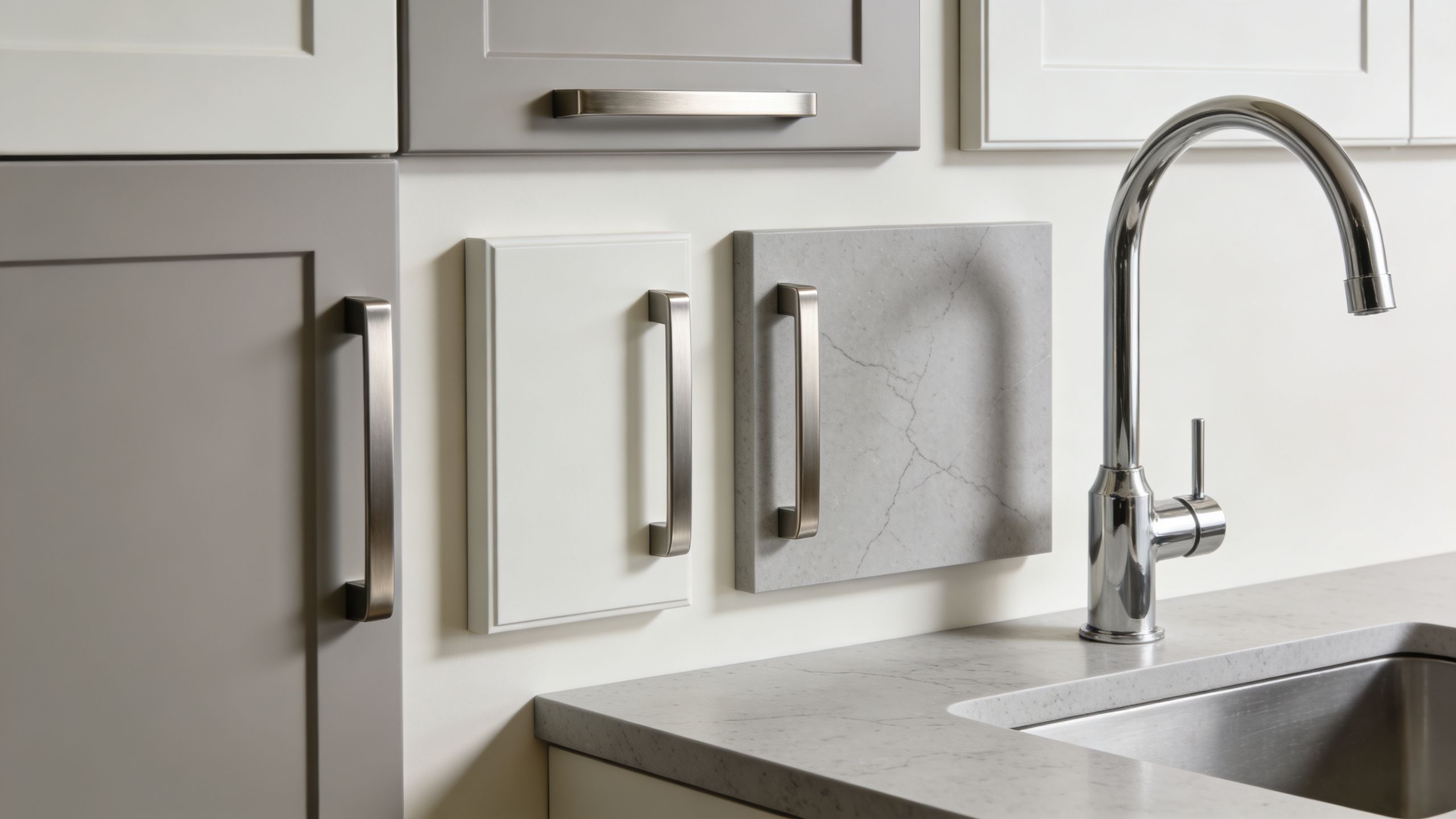 Eksempler på køkkenlåger, bordplader og greb i forskellige farver og materialer til en moderne køkkenrenovering.