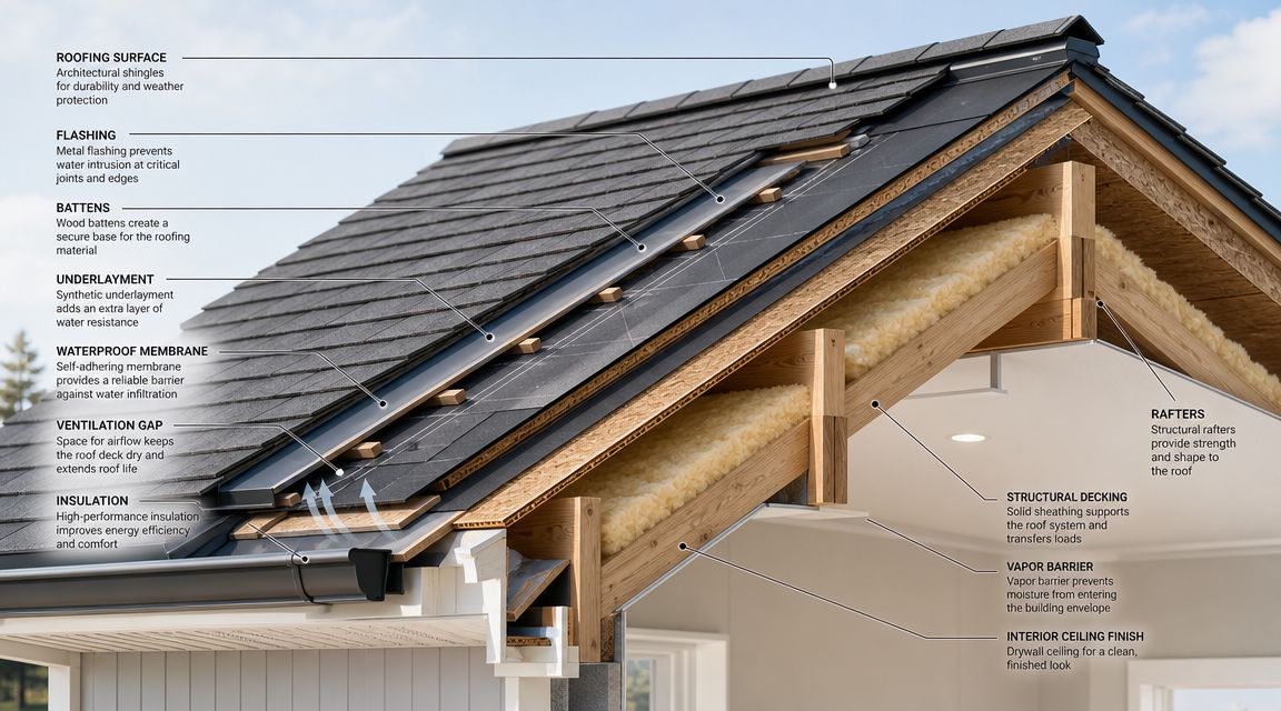 Tværsnit af et moderne tagkonstruktion der viser isolering, spær, ventilation og lagene i et nyt tag.