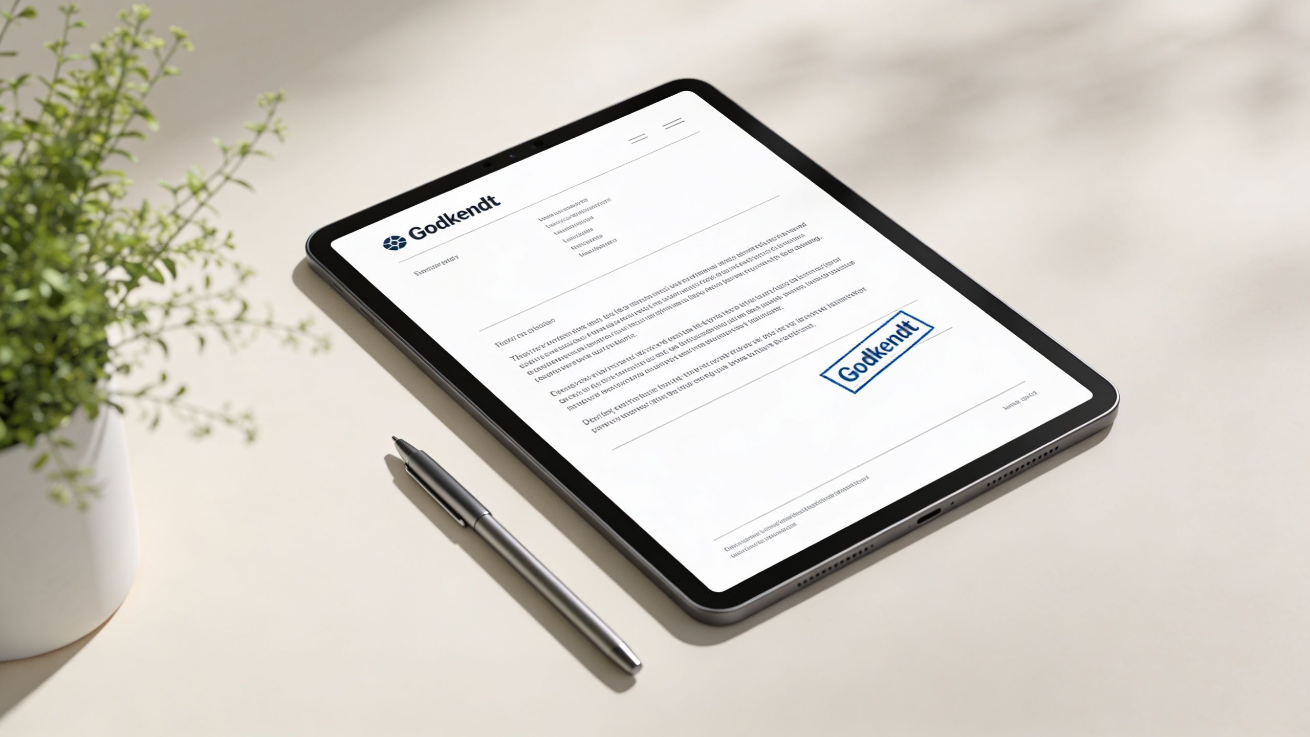 En tablet viser et officielt dokument med teksten Godkendt sammen med en pen på et bord
