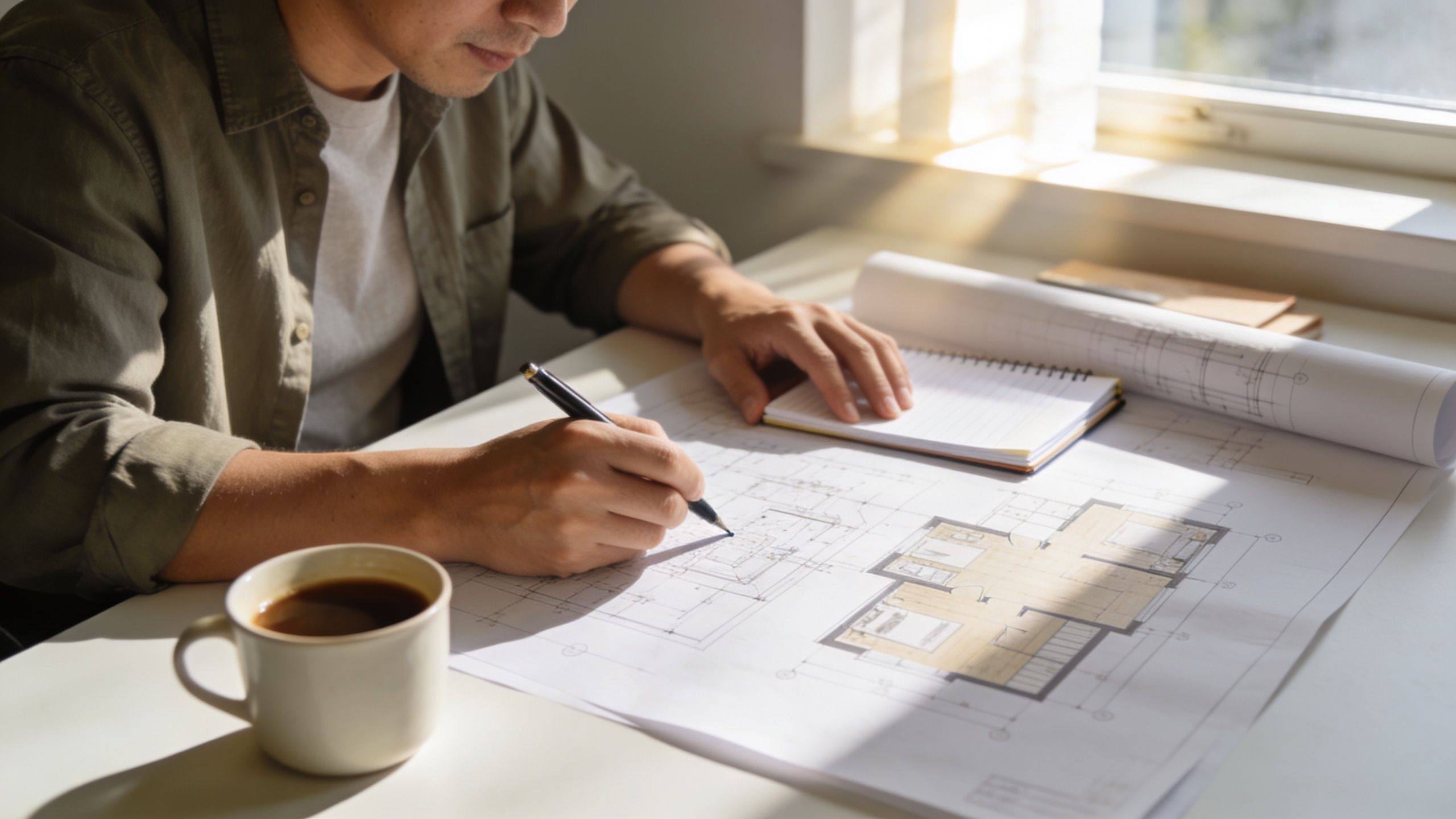 En arkitekt eller tømrer arbejder ved et bord med byggetegninger, en kop kaffe og en notesblok.