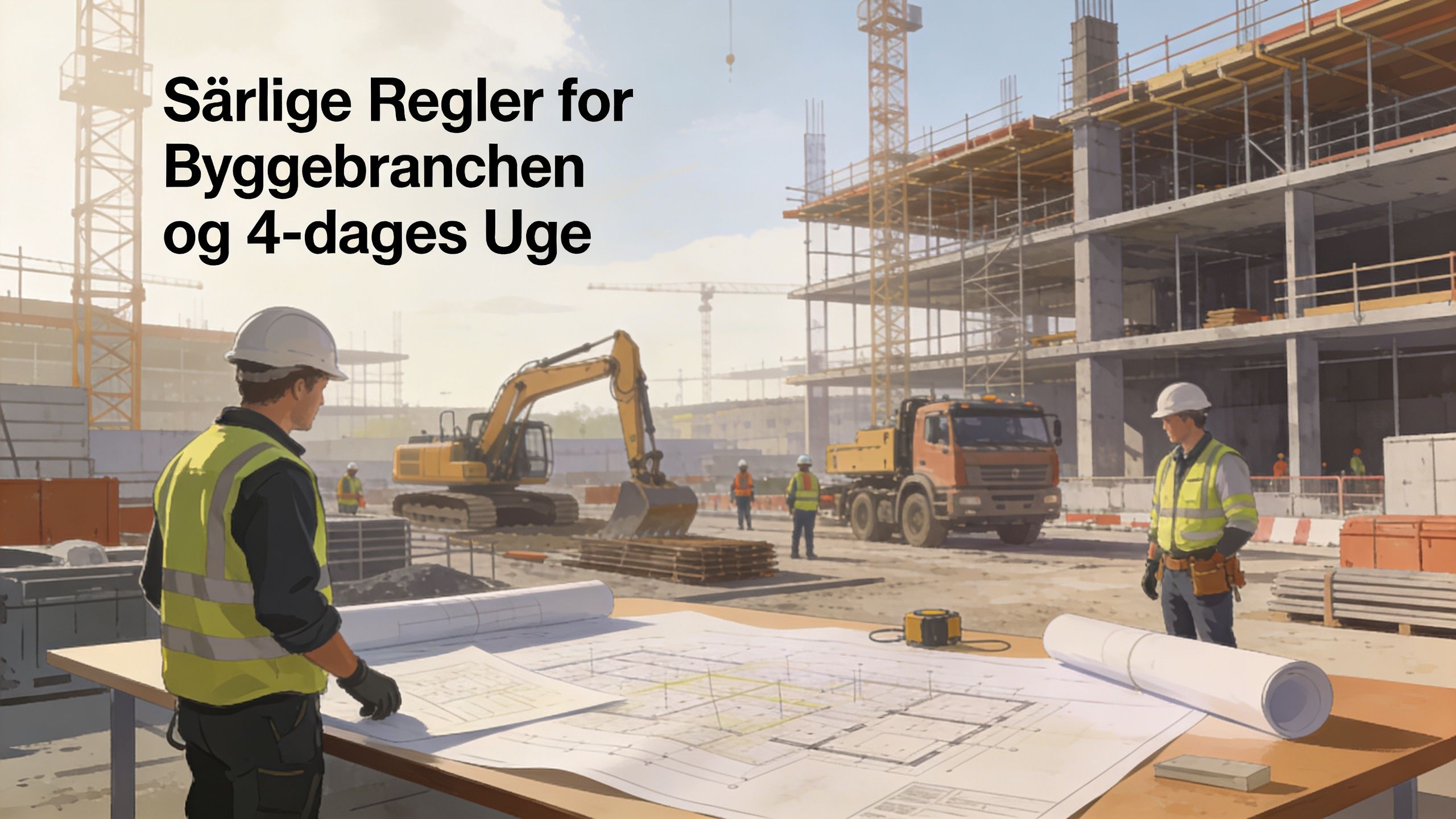 Byggeplads med medarbejdere, der ser på tegninger, i forbindelse med regler for overarbejde og 4-dages uge.