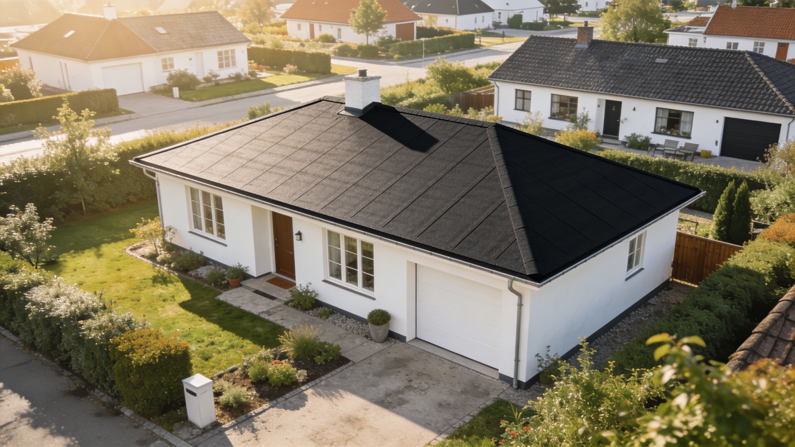 Et moderne hvidt etplanshus med et flot nylagt sort tagpap-tag og tilhørende garage i et villakvarter.
