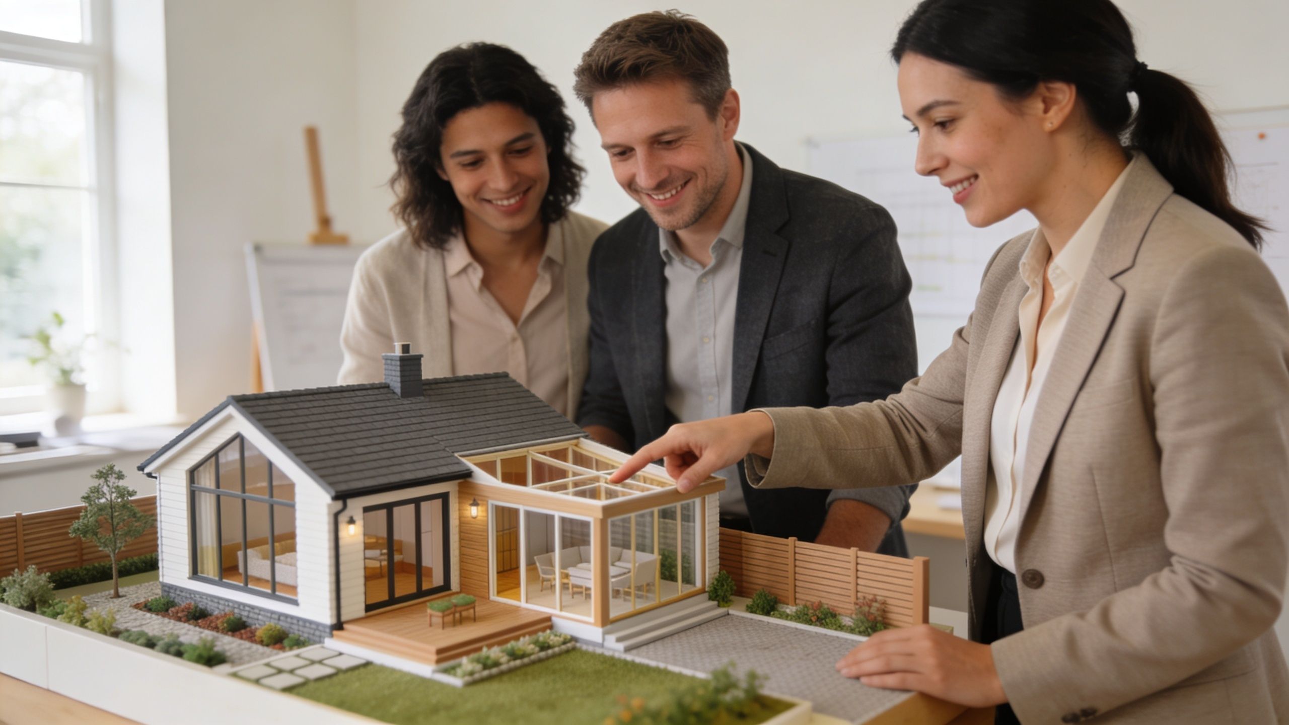 Arkitekt viser en detaljeret model af en moderne tilbygning til et sommerhus til et interesseret par.