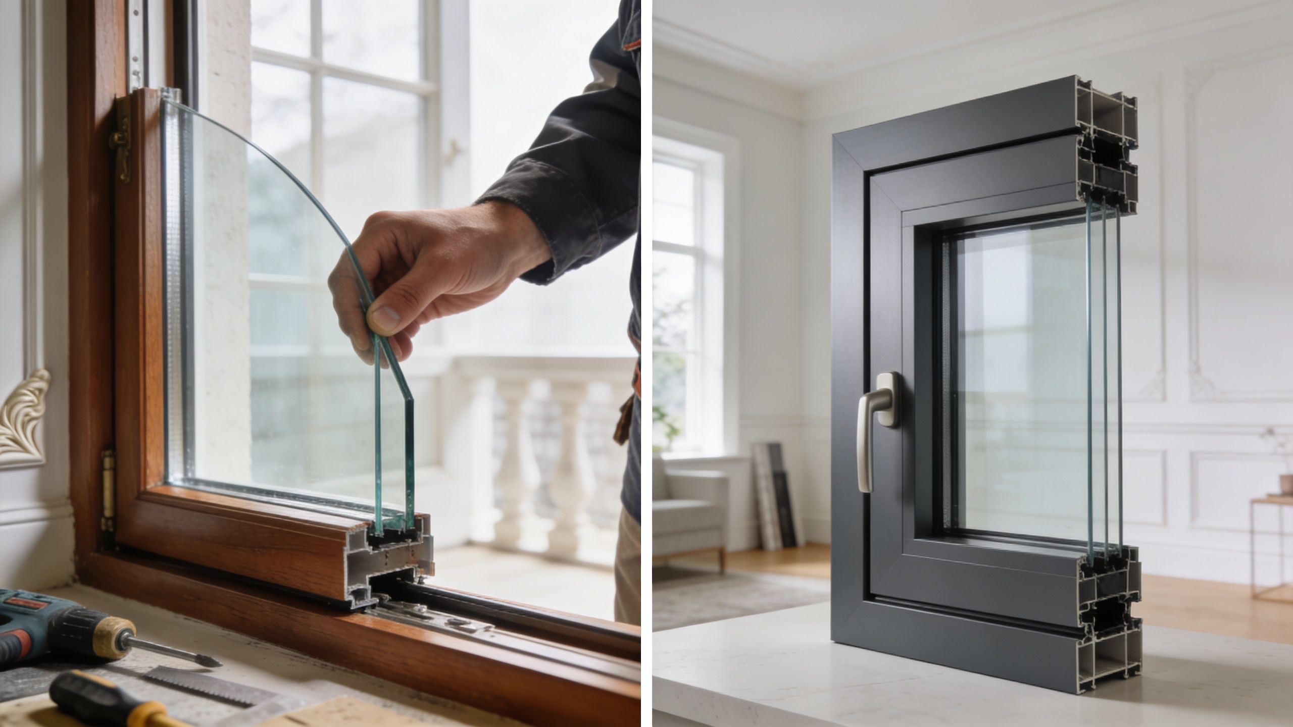 En håndværker arbejder med glasudskiftning i et vindue ved siden af et moderne gråt aluminiumsvindue i et rum.
