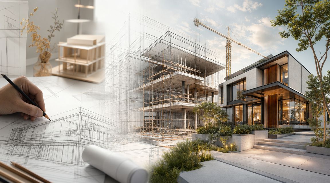 En arkitekt tegner en moderne bygning, der viser overgangen fra skitse til færdigt arkitektonisk byggeprojekt.