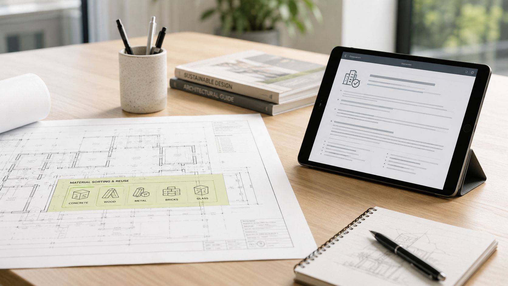 Et skrivebord med arkitekttegninger, en tablet og bøger, der fokuserer på genbrug af byggematerialer i byggeprojekter.