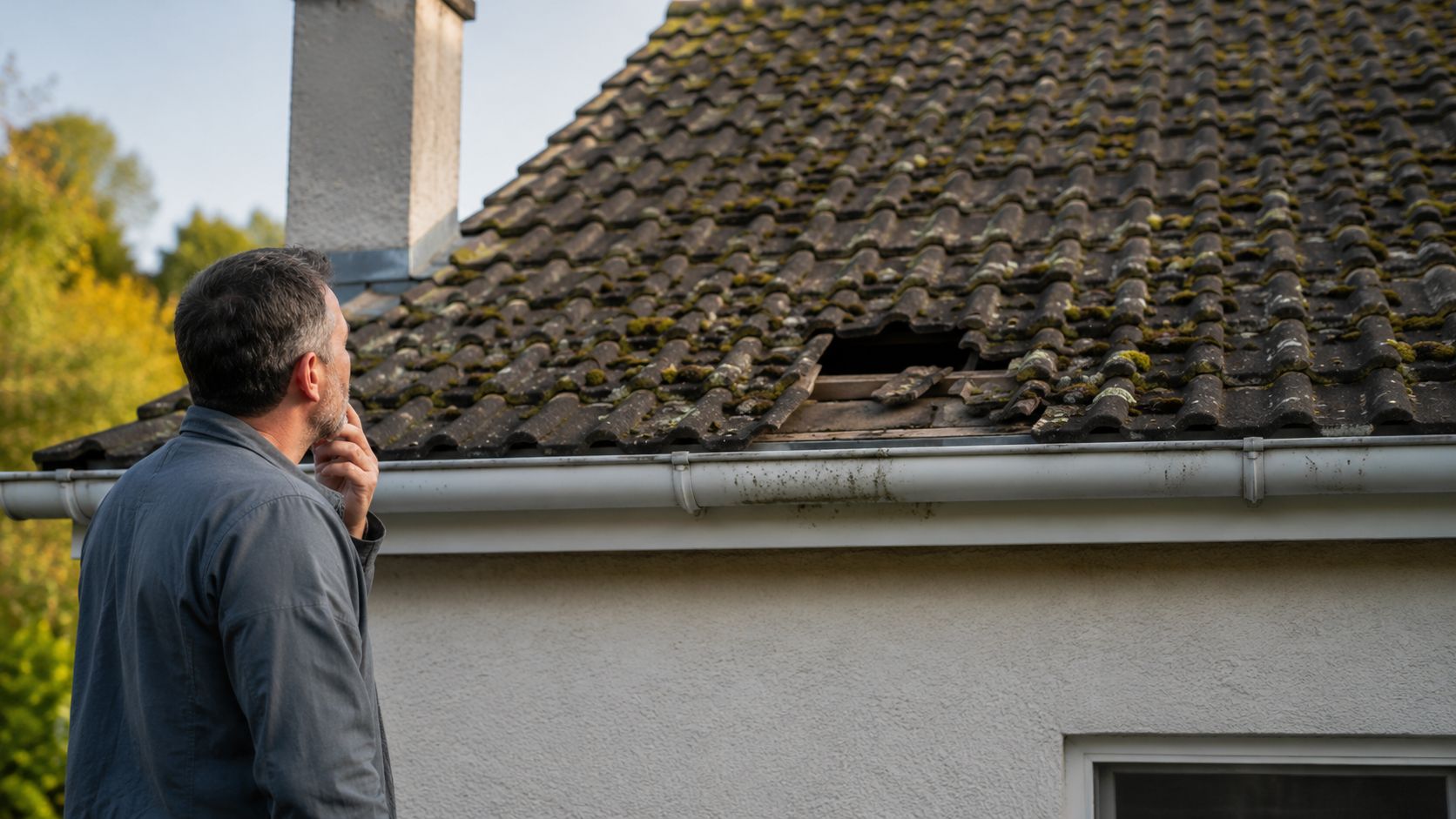 En mand betragter bekymret sit beskadigede tag med manglende tagsten og synlige huller på huset.