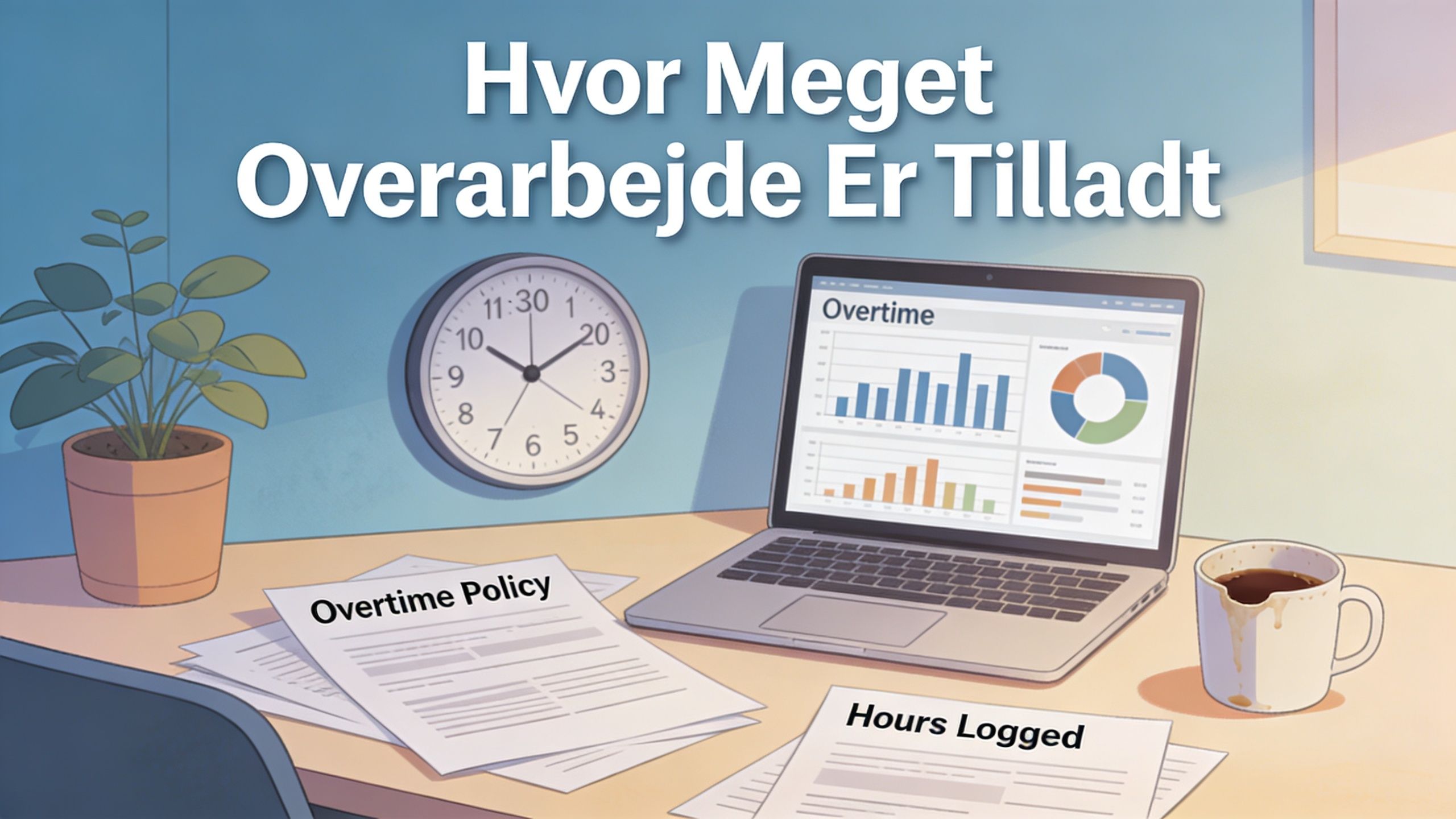 En bærbar computer med overarbejdsstatistikker, dokumenter om overarbejdspolitik og en kop kaffe på et kontorbord.