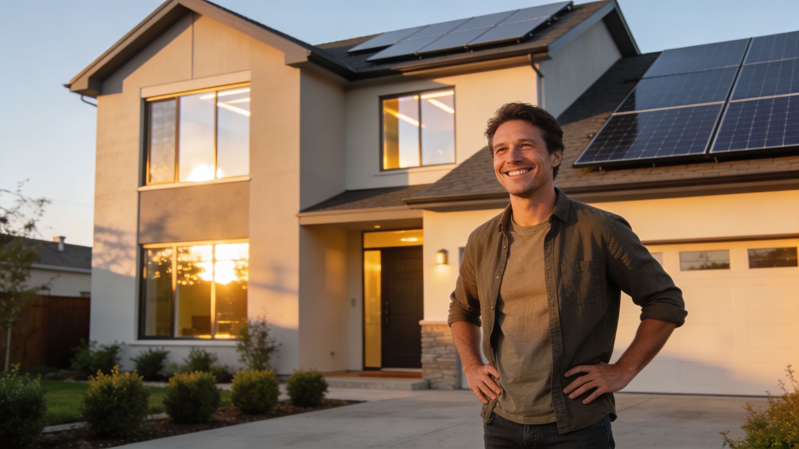 En glad mand står foran sit moderne hus med solceller på taget i det varme aftensollys.